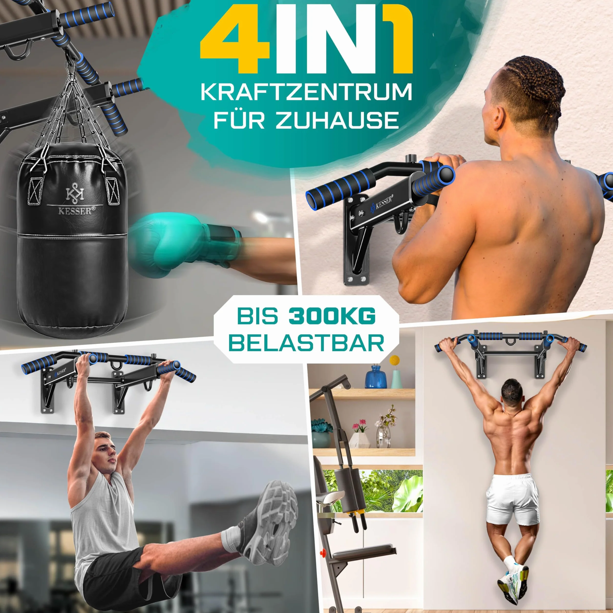 KESSER® Drążek do podciągania 4 w 1 do montażu na ścianie, antypoślizgowe uchwyty, dodatkowa funkcja do lin, pierścieni i worków bokserskich z różnymi pozycjami chwytu, bezpieczny i stabilny, do domu