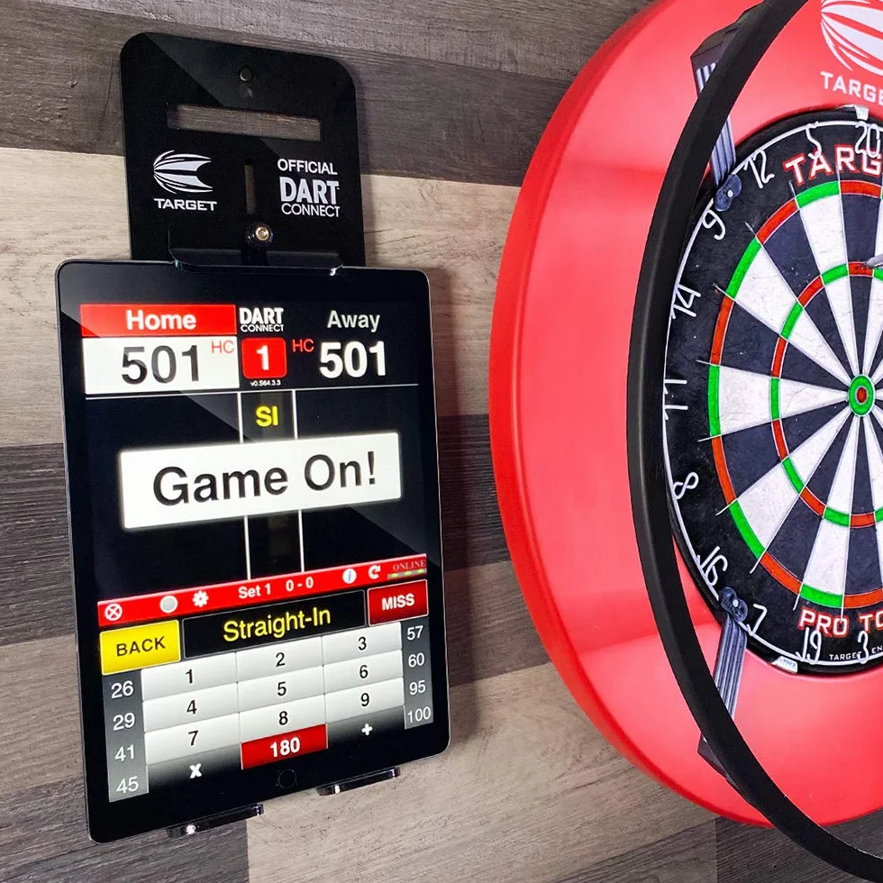 Target Darts Uchwyt na tablet | Uchwyt na urządzenie do rzutek, akcesoria do rzutek, uchwyty na telefon do rzutek, śruby i tylny wspornik w zestawie. Urządzenia do 14 cali