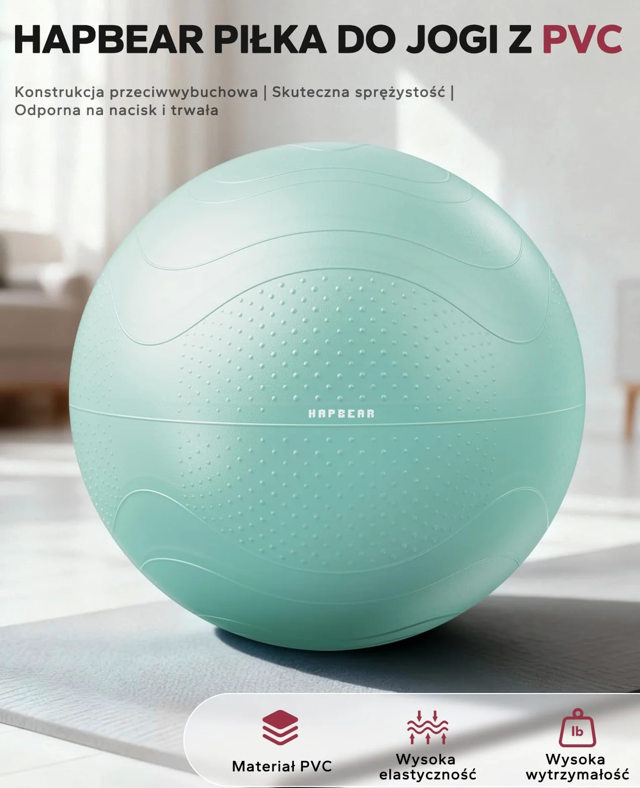 HAPBEAR Piłka Gimnastyczna 55/65/75 cm Antywybuchowa Piłka Fitness do Ćwiczeń Jogi i Pilatesu