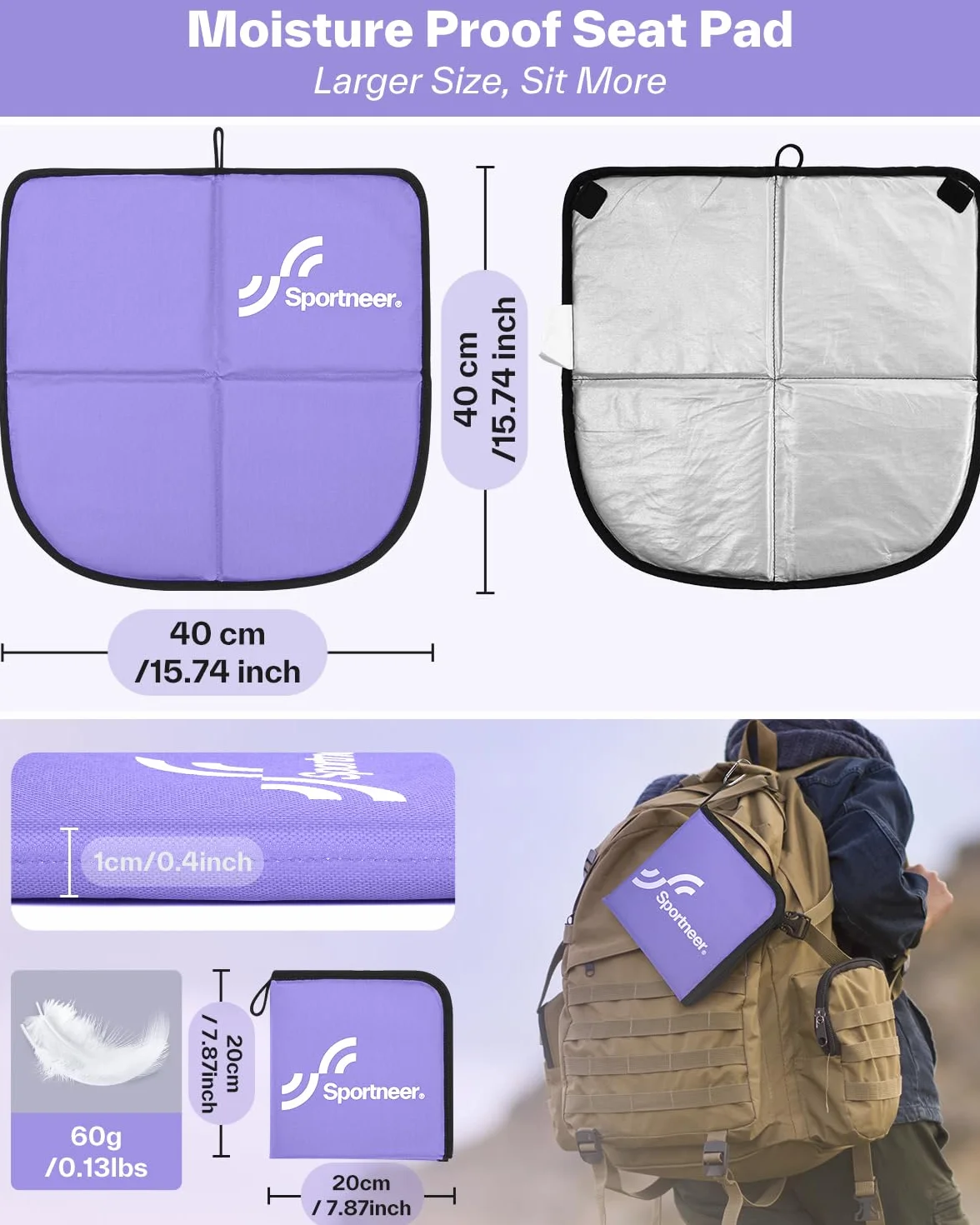 Sportneer Poduszka do siedzenia na zewnątrz, wodoszczelna tkanina Oxford, termiczna poduszka do siedzenia, składana, na kemping, wędrówki, stadion i w podróży, szara