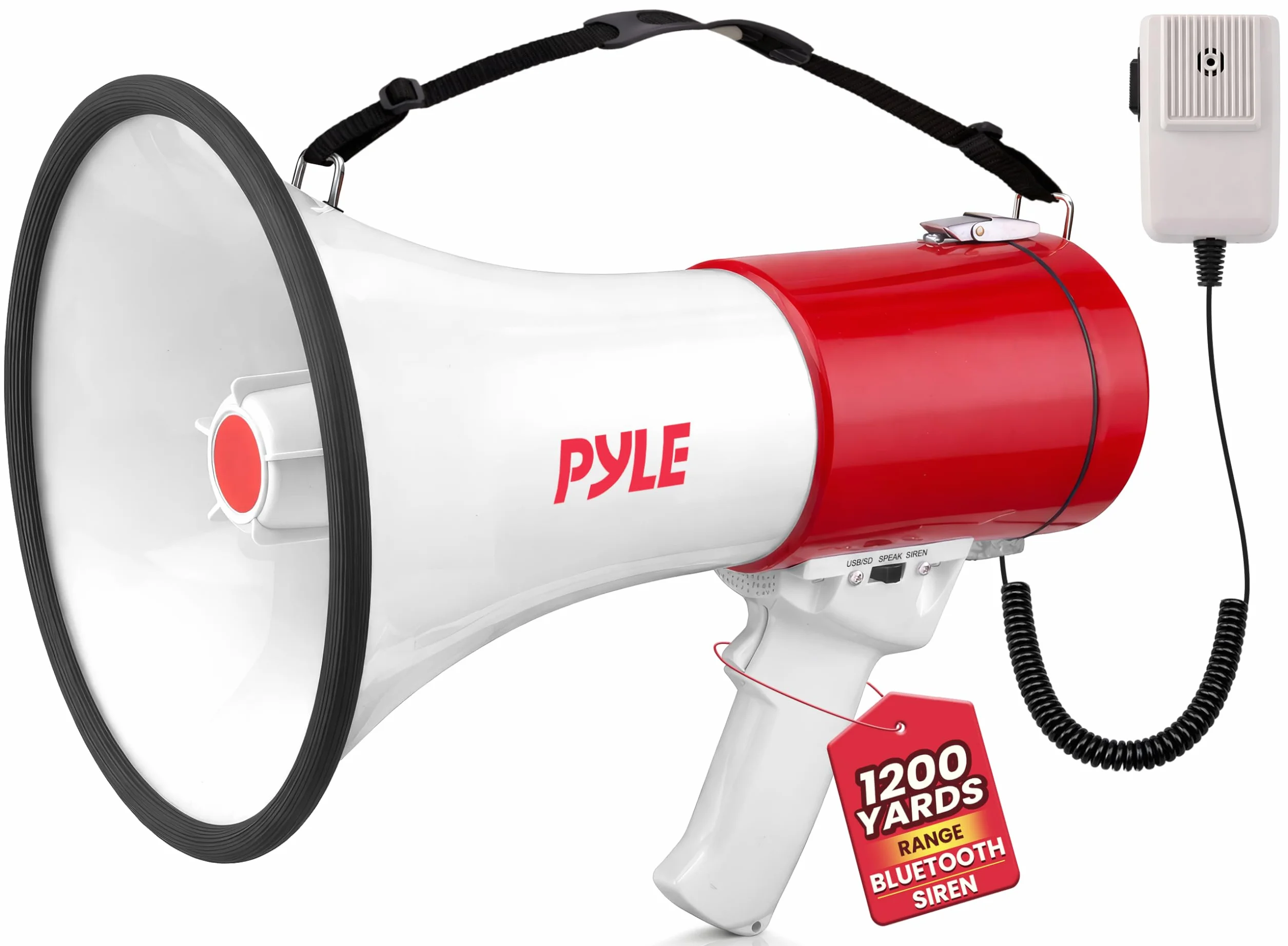 Portable Megaphone Speaker PA Bullhorn - Built-in Siren, 50W Adjustable Volume Control & 1200 Yard Range - Ideal for Any Outdoor Sports, Cheerleading Fans & Coaches or for Safety Drills - Pyle PMP52BT