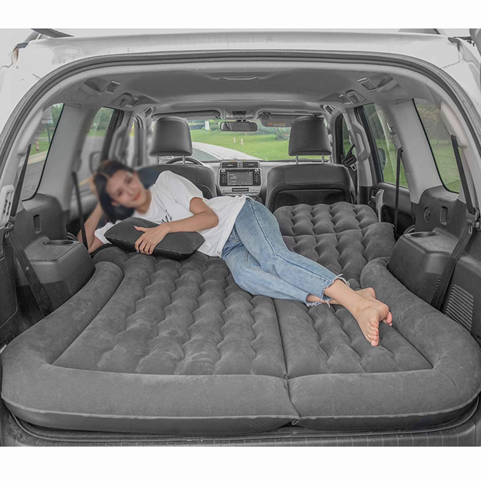 Materac Samochodowy SUV, Nadmuchiwany Materac Przenośne Ruchome Grubsze łóżko Powietrzne z Pompą Powietrza i Dwiema Poduszkami do Podróży Camping Zajęcia na świeżym Powietrzu 174 X 126 Cm(czarny)