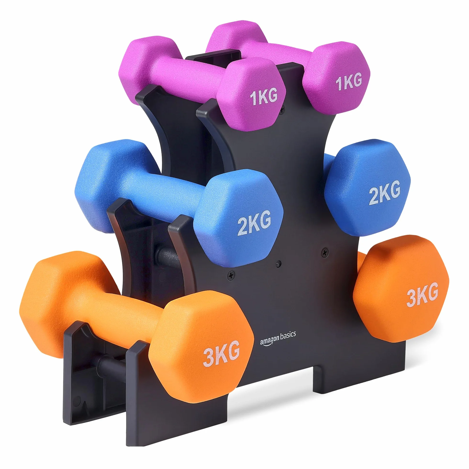 Amazon Basics Zestaw hantli z powłoką neoprenową ze stojakiem, 3 sztuki (1kg, 2kg, 3kg), wielokolorowy
