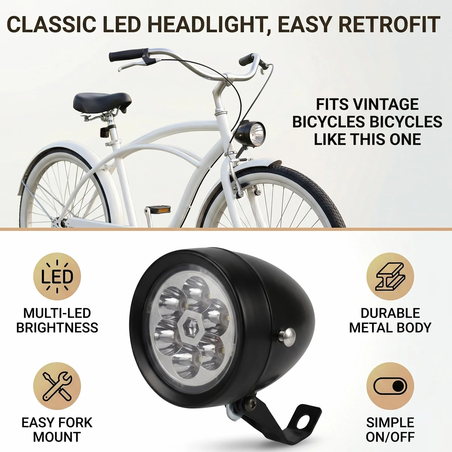 Przednia Lampka Rowerowa w Stylu Retro, Zabytkowy Reflektor Rowerowy z 6 żarówkami LED, Konstrukcja Odporna na Deszcz, Kąt Widoczności 160°, Tworzywo ABS, łatwy montaż, Idealny (Czarny)