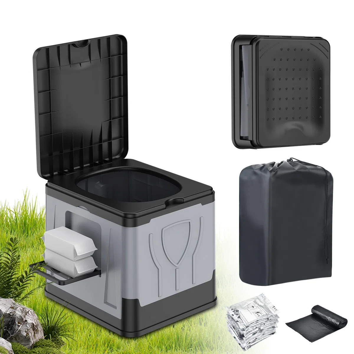OTraki Przenośna toaleta kempingowa przenośna toaleta z koagulantem Potty Camper z uchwytem na chusteczki nośność do 150 kg na kemping, wędrówki, podróże, wędkowanie