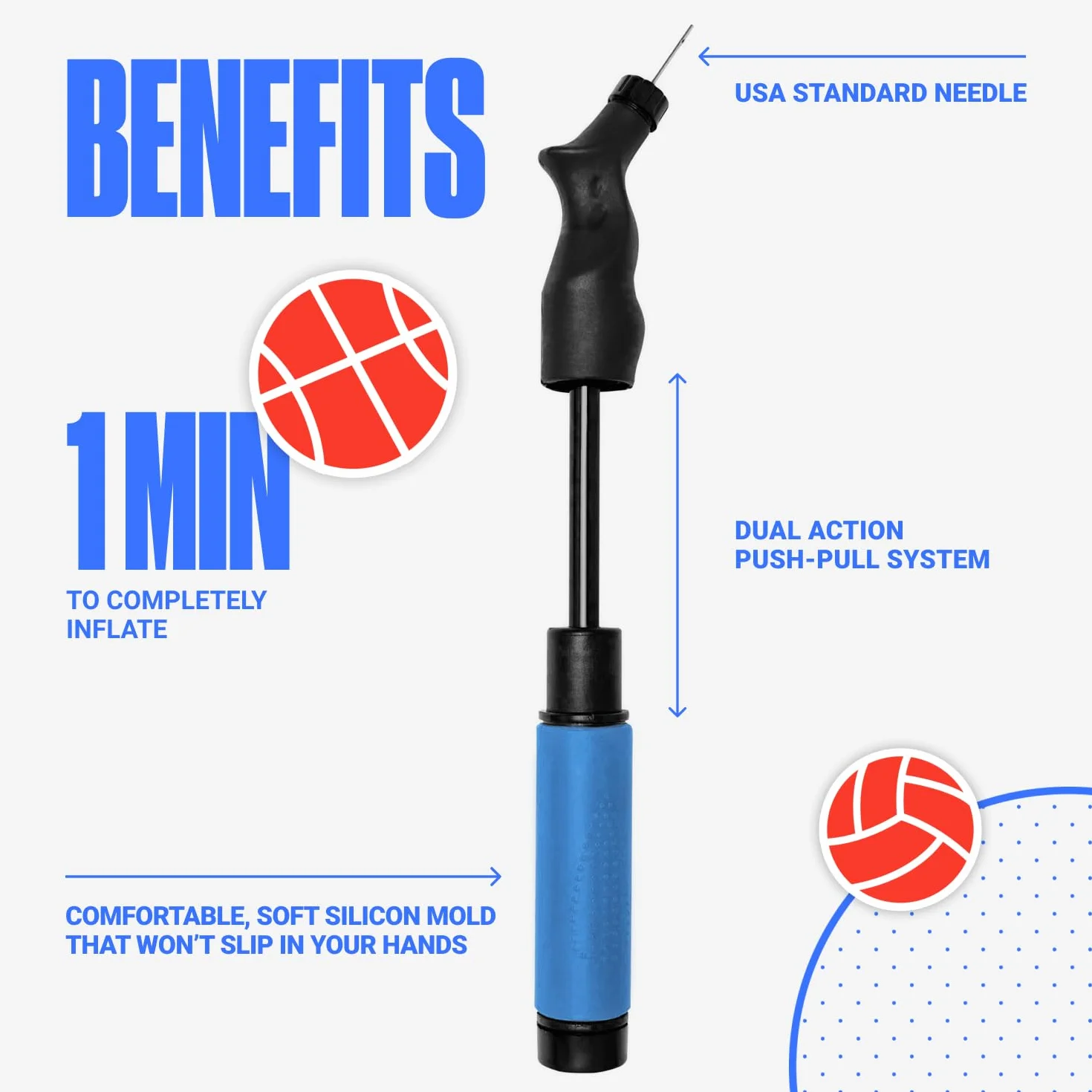 SPORTBIT Ball Pump with 5 Needles - Push & Pull Inflating System - Great for All Sports Balls - Football Ball Air Pump, Volleyball Pump, Basketball Inflator - Goes with Needles Set