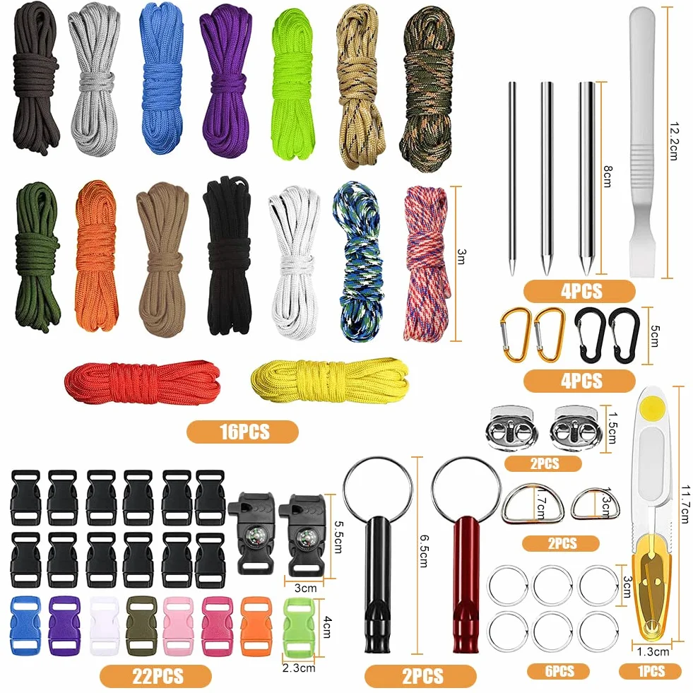 EUBSWA Paracord 550 zestaw 16 kolorów, wielofunkcyjna linka nylonowa, klamry z igłami do tworzenia bransoletek, smyczy lub obroży dla psa, smyczy, breloczka do kluczy