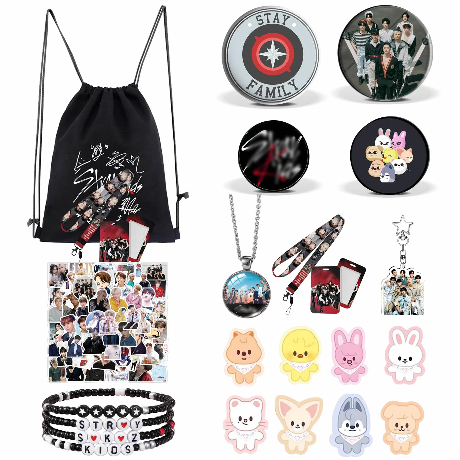 SKids Zestaw Prezentowy Kpop dla Fanów, Torba Sportowa STAY, Bransoletki, Broszki, Breloczek, Etui