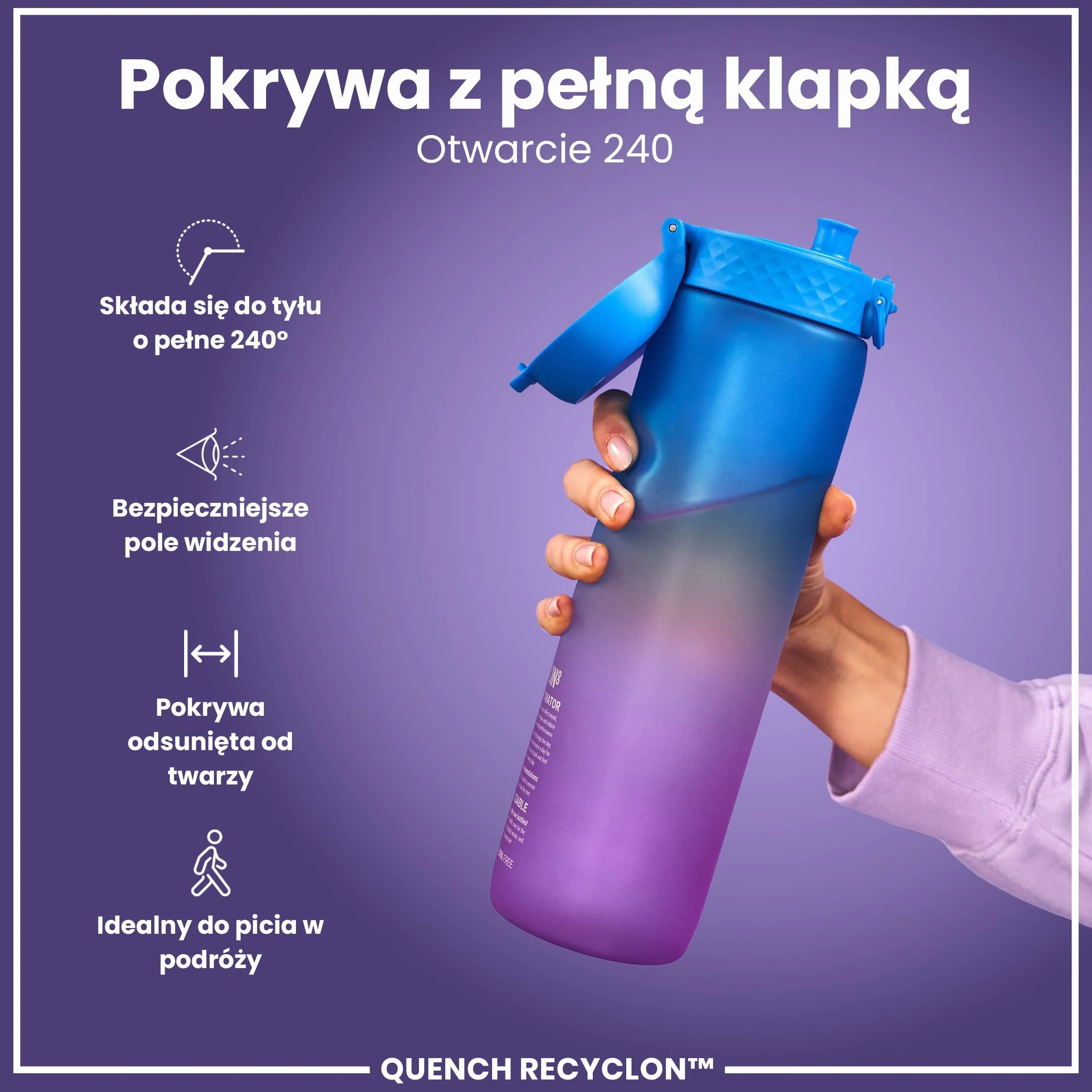 ION8 Butelka na Wodę 1 L z Oznaczeniami Czasu Picia, Łatwe Otwieranie, Uchwyt, Można Myć w Zmywarce, Niebieski Różowy