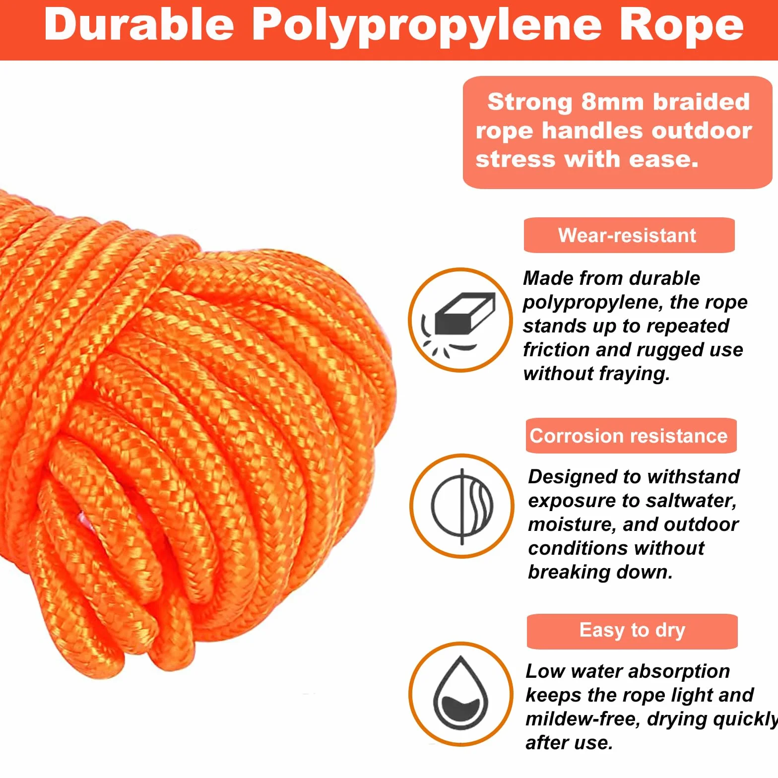 BeGrit pleciona lina polipropylenowa pleciona pleciona lina z pętlami do cumowania łodzi kempingowej namiot turystyczny (6 mm+10 m pomarańczowy)