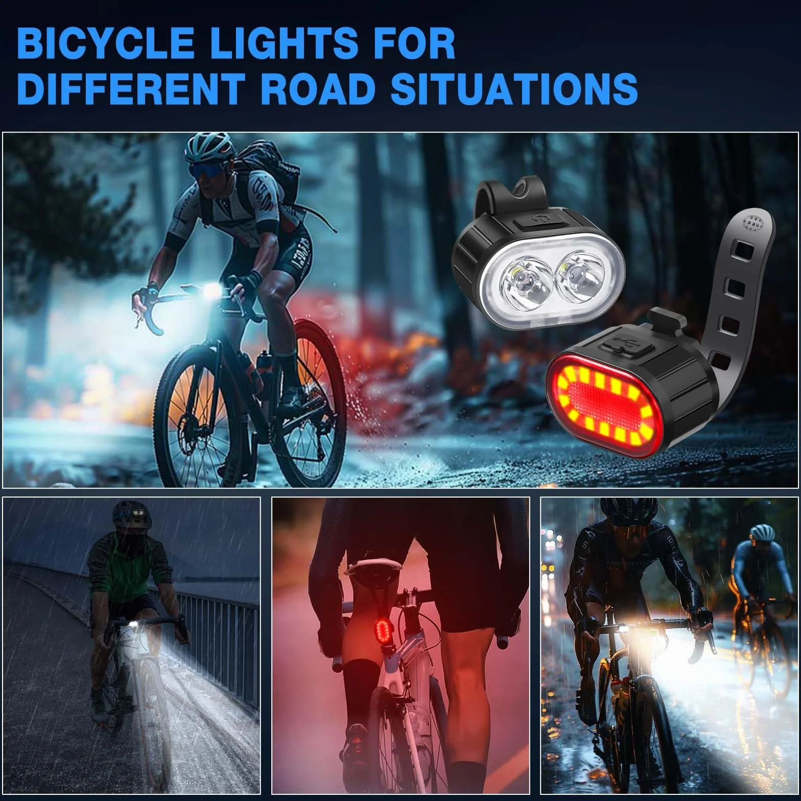 Blendura Światła rowerowe LED, 4 + 6 trybów światła rowerowego z przodu i z tyłu, IPX4, światło rowerowe USB z możliwością ładowania, nadaje się do różnych rowerów