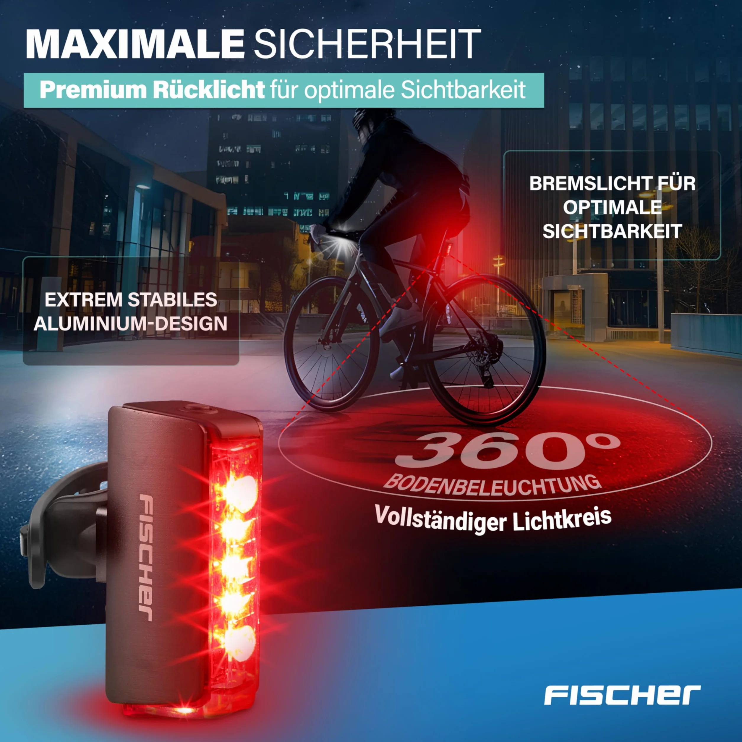 Fischer Tylne światło rowerowe LED z akumulatorem Twin Stop, z dodatkowym oświetleniem podłogowym i światłem hamowania, aluminiowa obudowa, czas świecenia do 8 godzin, kolor czarny, 1 sztuka