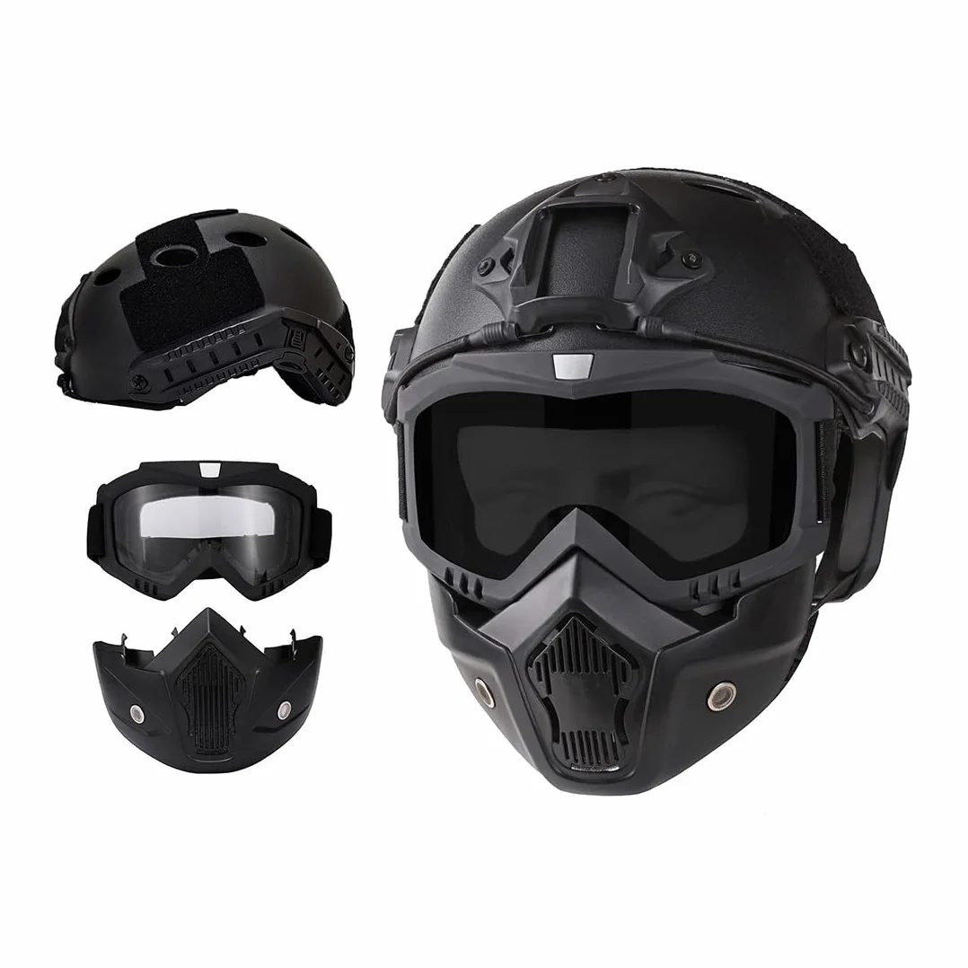 Kask Airsoft PJ Fast z Przednim Mocowaniem NVG i Szyną Boczną, Maska na Całą Twarz, Odpinane Gogle