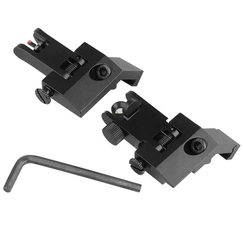 Aluminum Alloy 45 Degree Angled BUIS Front and Rear Flip Up Rapid Transition Backup Iron Sight For Rifle Scope(Black with fiber optic)