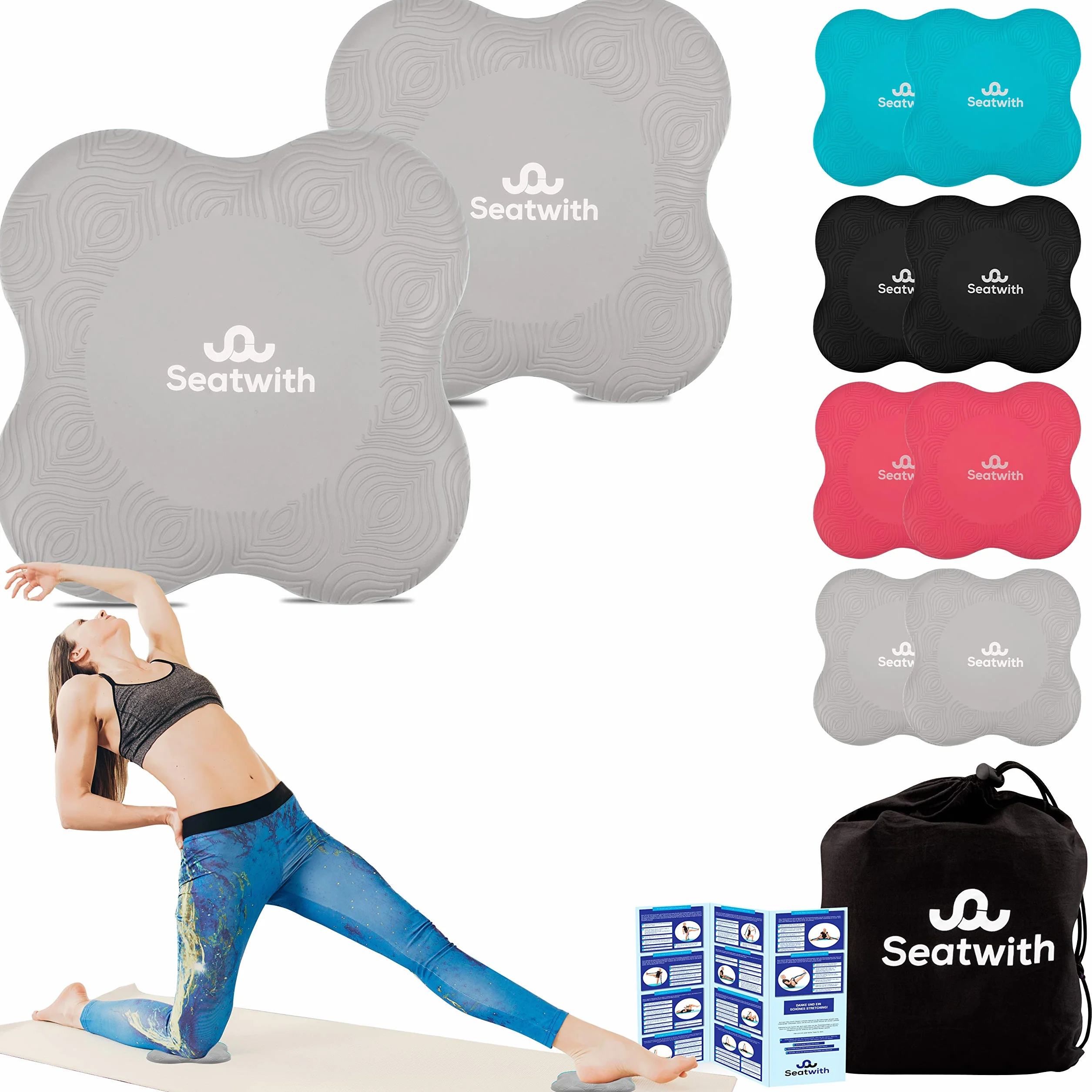 Poduszka na kolana do jogi, zestaw 2 szt., z workiem transportowym + instrukcja treningowa PDF, maksymalne odciążenie i wsparcie kolan, nadgarstki i łokcie, 20 x 20 cm, fitness pilates