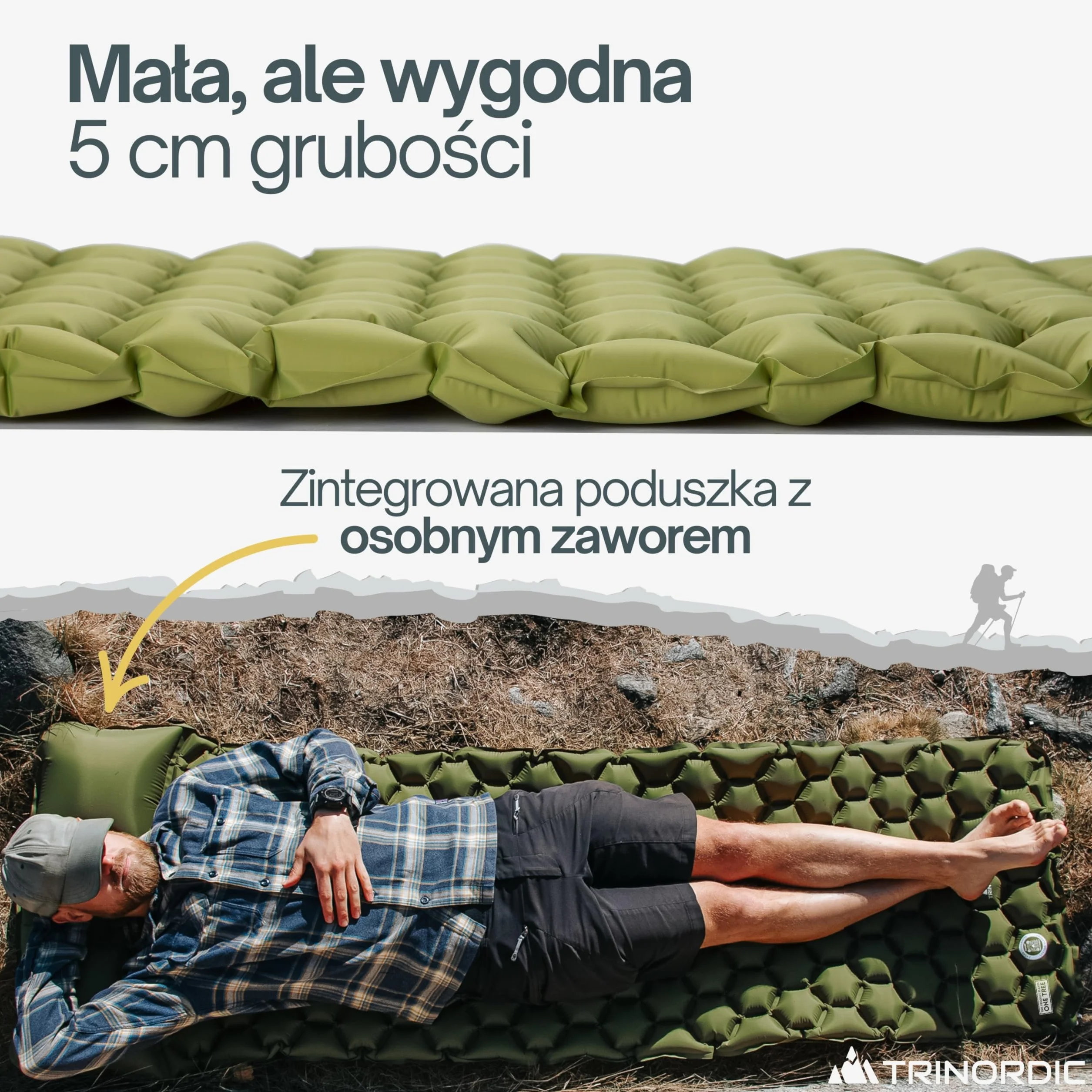 TRINORDIC Ultralekki Materac Kempingowy z Poduszką - Pojedynczy Materac Powietrzny, Wytrzymały Sprzęt Kempingowy - Zielony Lasowy