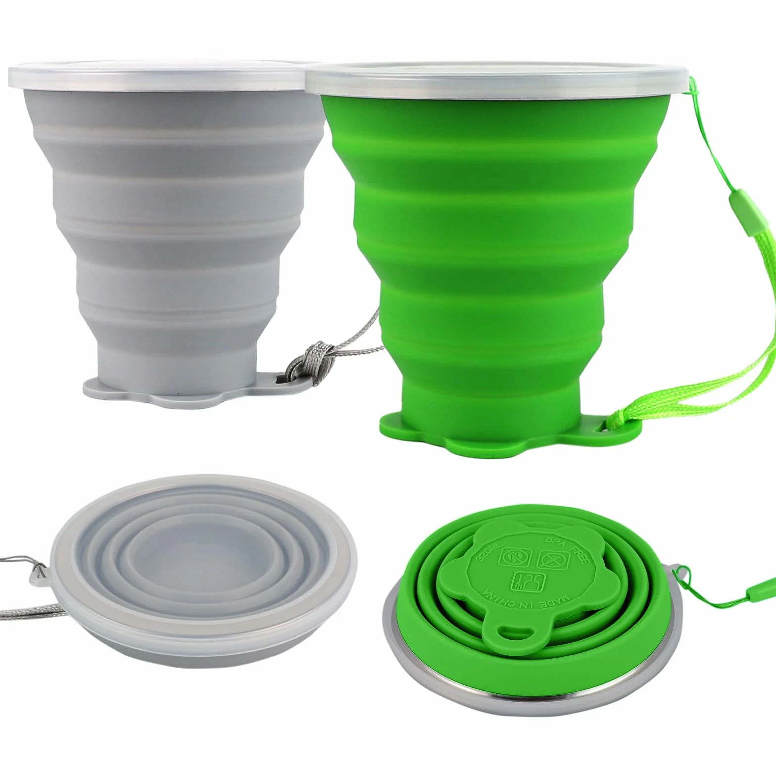 ddLUCK Silikonowy składany kubek kempingowy, 2 sztuki, 320 ml, składany, przenośny kubek z plastikową pokrywką uszczelniającą, zestaw kubków wielokrotnego użytku na piknik, kemping, do biura, wędrówek