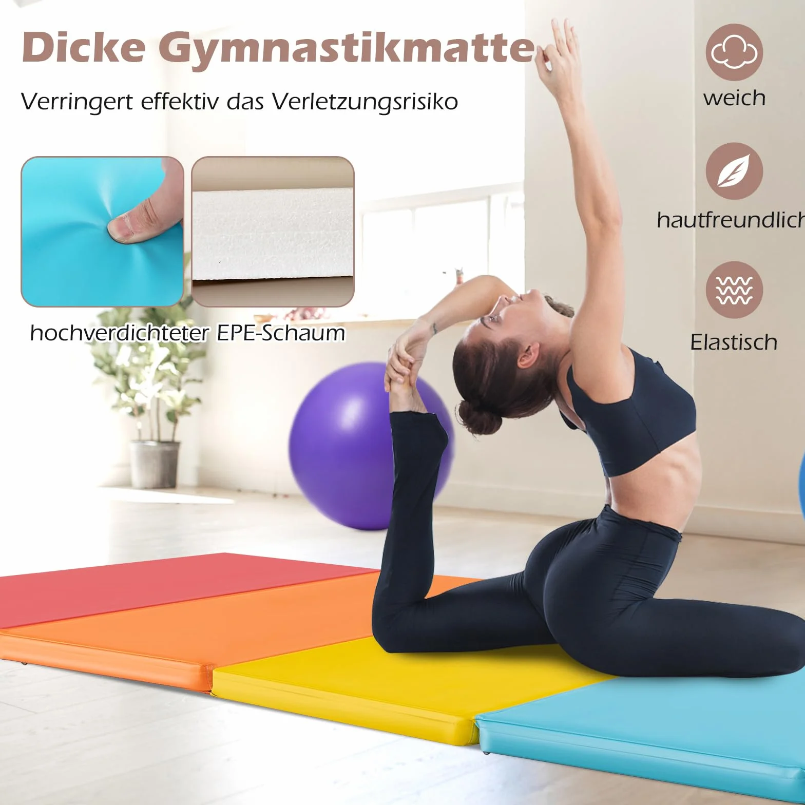 COSTWAY Składana mata gimnastyczna, 200 x 75 cm, miękka mata podłogowa, 5-krotnie składana, z poliuretanu, z uchwytem do noszenia, mata sportowa, do fitnessu, do domu, dla dzieci i dorosłych
