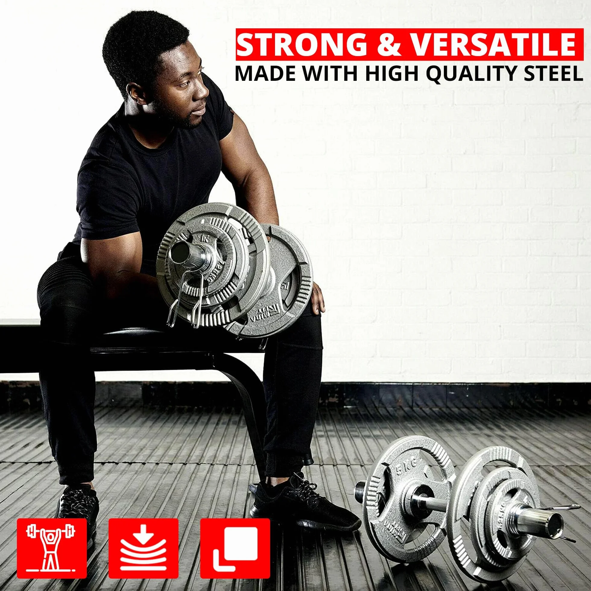 MAXSTRENGTH Chromowane hantle olimpijskie z kołnierzem sprężynowym używane do treningu w domu, treningu siłowego, treningu crossowego, podnoszenia ciężarów (2 x sztanga olimpijska 5 cm)
