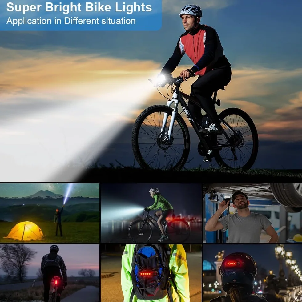 URAQT 12LED Światła rowerowe przednie i tylne, z akumulatorem, wodoodporne, IP65, 1800 mAh, 9500 l, światło rowerowe, 6+5 trybów, światło przednie z brzęczykiem, do jazdy na rowerze górskim i szosowym