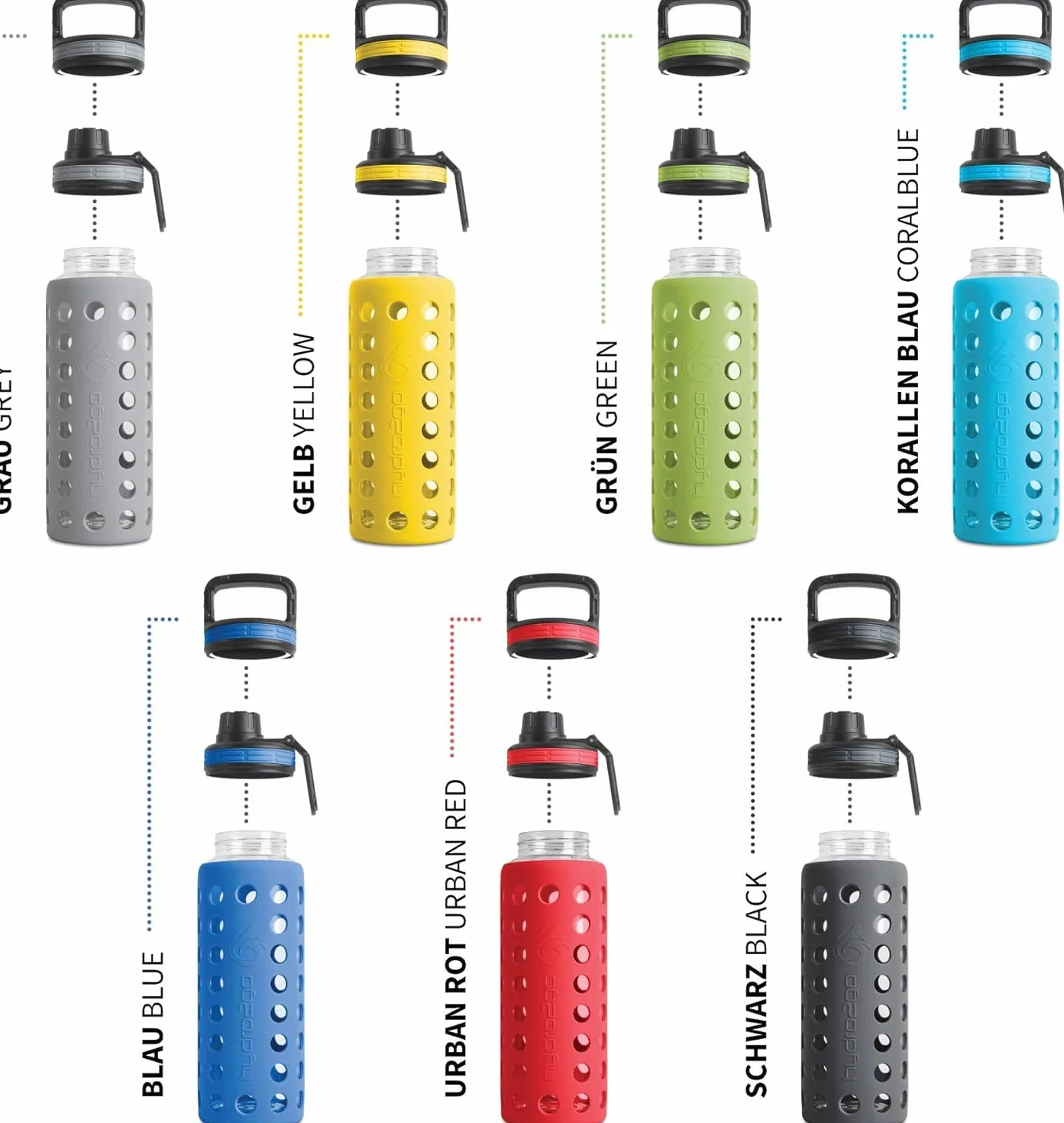 Hydro2go Butelka Szklana 950 ml z Osłoną Silikonową Wodoszczelna Bez BPA 2 Wymienne Nakrętki Coral Blue