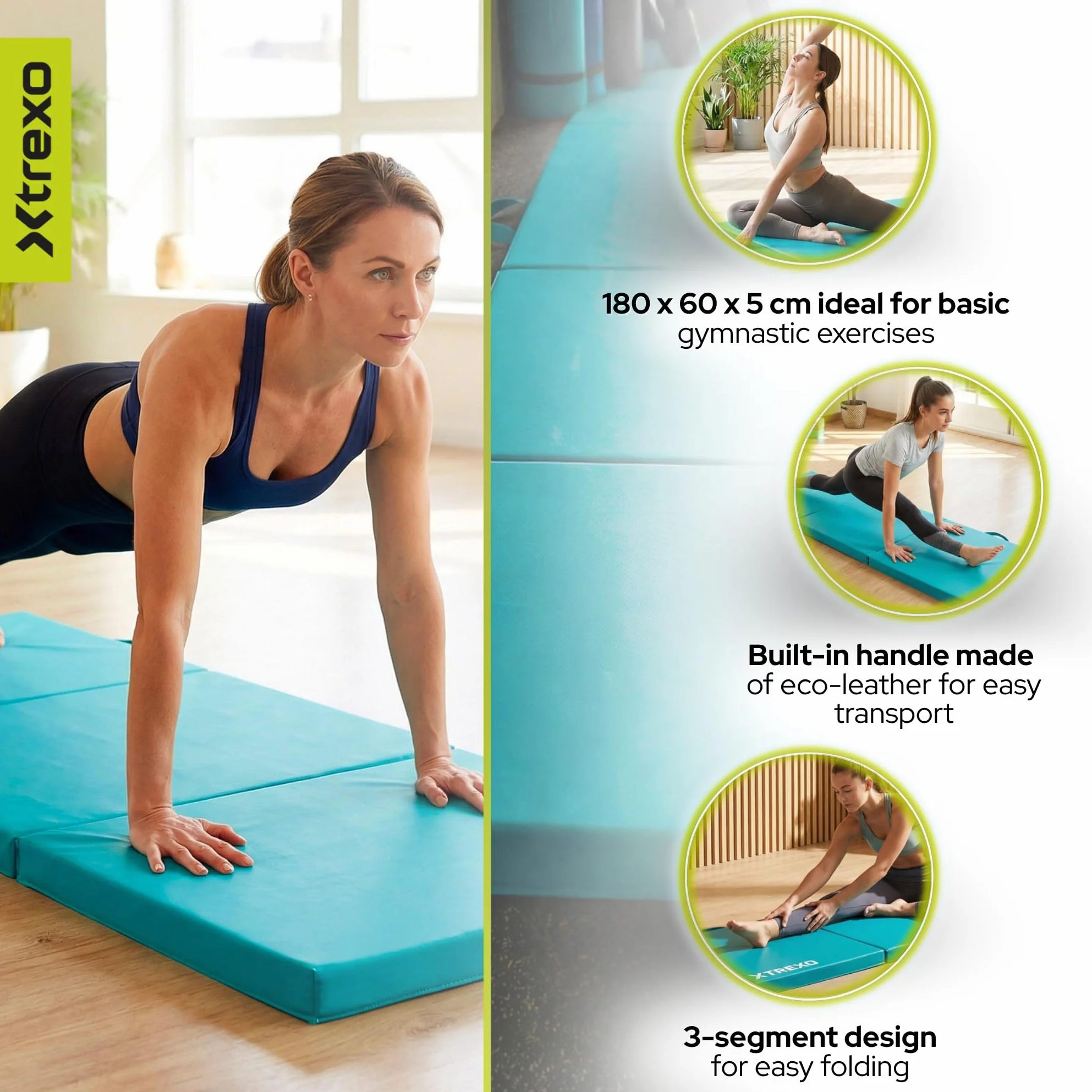 TREXO Składana mata gimnastyczna 180 x 60 x 5 cm – mata gimnastyczna ze sztucznej skóry z 3 segmentami – tapicerka o grubości 5 cm – do fitnessu, szkoły i treningu domowego