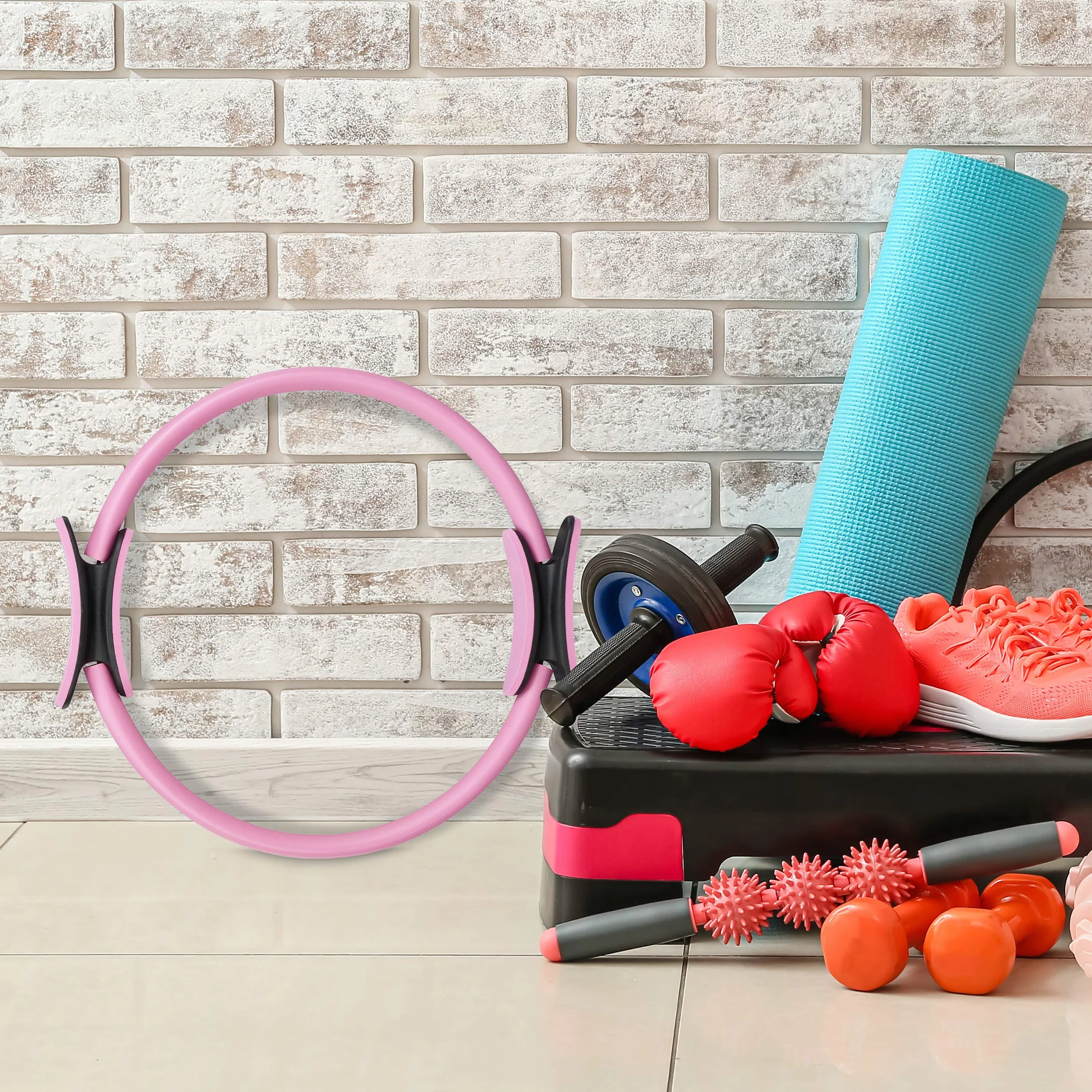 Pierścień oporowy do jogi fitness Ø 37 cm, podwójny uchwyt, wyściełany, różowy