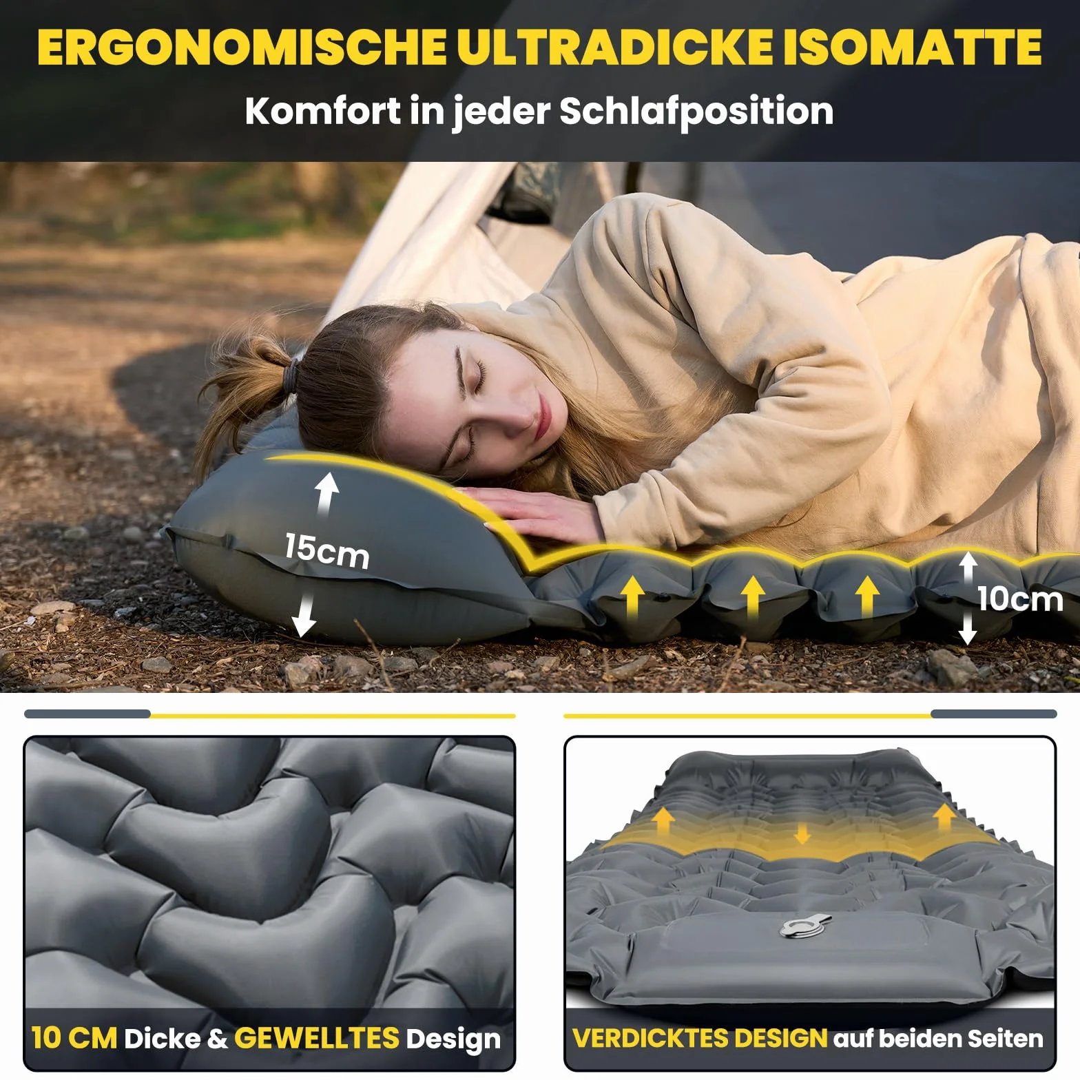 HIKENTURE Samopompująca mata do spania 10 cm z pompką nożną na kemping szary