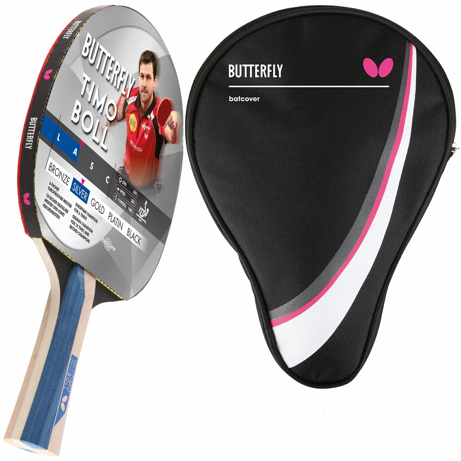 Butterfly® Timo Boll Silver rakieta do tenisa stołowego, rakieta do tenisa stołowego, rakieta dla ambitnych graczy rekreacyjnych, wysoka jakość, z certyfikatem ITTF, anatomiczny kształt uchwytu
