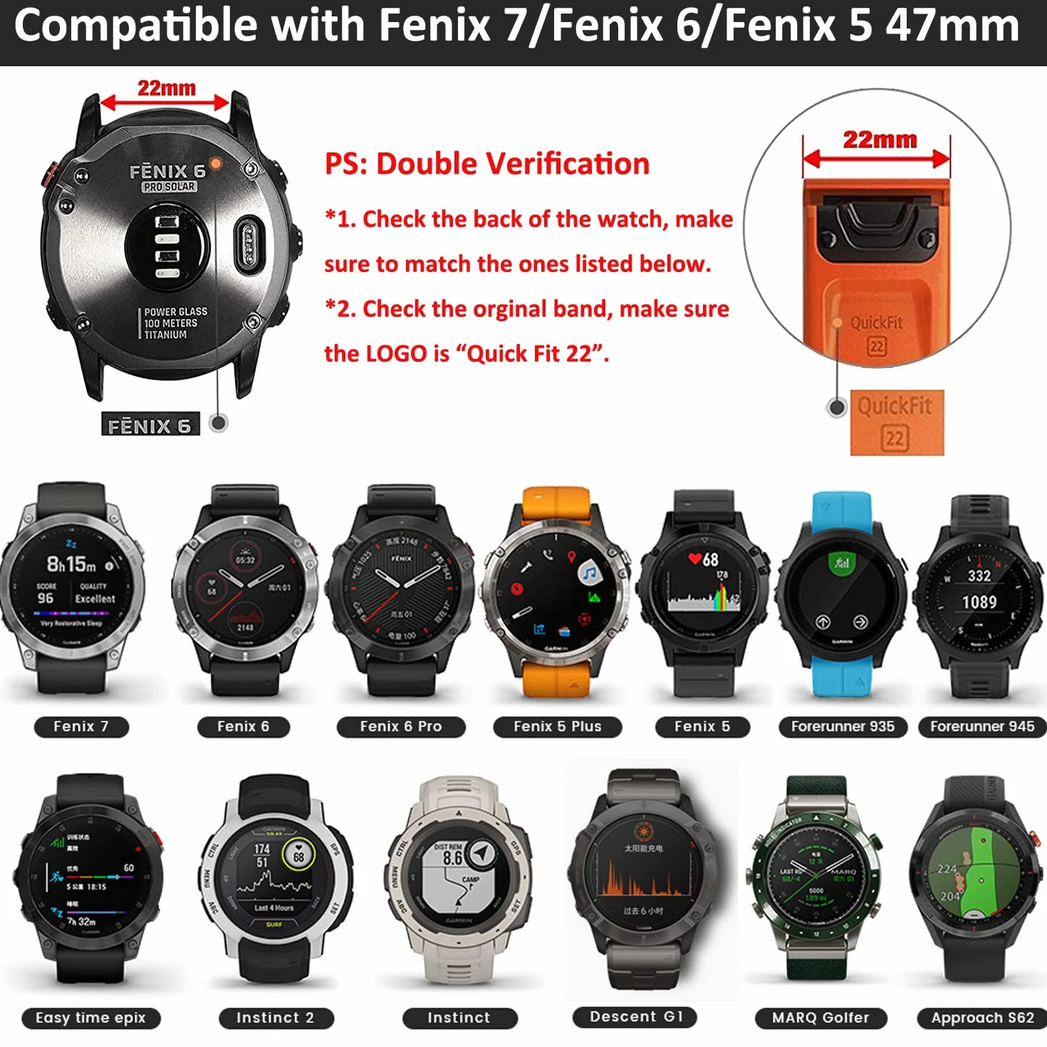 Silikon Kompatybilny z Fenix 7/Fenix 6/Fenix 5, 22mm Szybka Pasująca Bransoletka Sportowa Zastępcza dla Fenix 6 Pro/Descent G1/EPIX 2/Approach S62/Descent MK 2/Forerunner 945/935, 235 mm