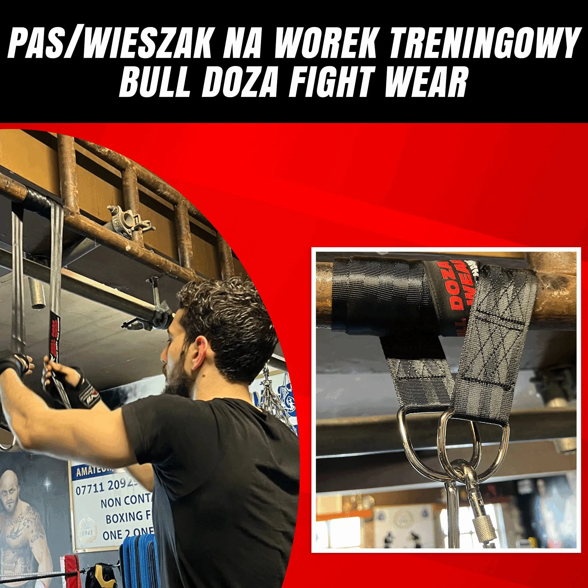 BULL DOZA FIGHT WEAR Pasek do worka bokserskiego, wytrzymały wieszak 226 kg, 1,5 m, czarny