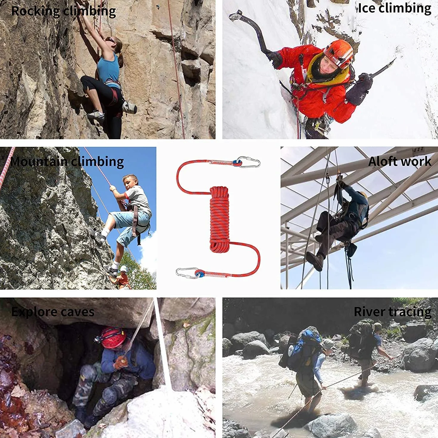 10 m lina wspinaczkowa, 10 mm lina wspinaczkowa, lina wspinaczkowa, lina bezpieczeństwa wspinaczkowa, lina ucieczka z 2 karabinkami do ognia, alpinizm, kemping, spadochroniarstwo, niebieski