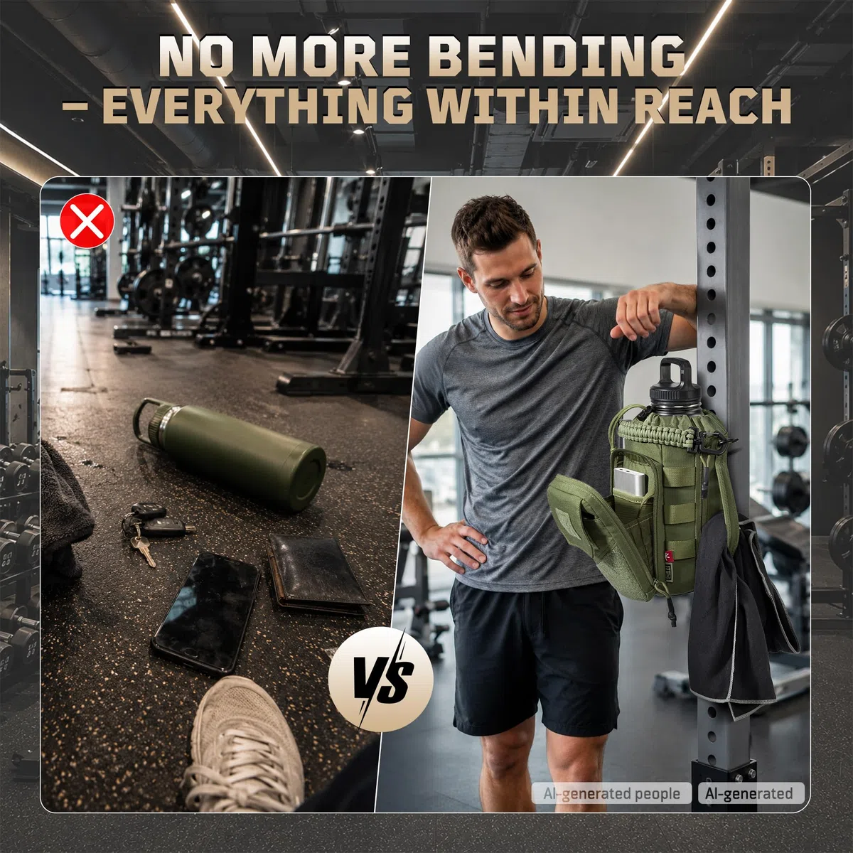 1TG Tactical Magnetyczna torba gimnastyczna na butelkę, 1-2 l, dla mężczyzn i kobiet – uchwyt na wodę z kieszenią na telefon komórkowy, zdejmowany klips magnetyczny, panel MOLLE i regulowany pasek do