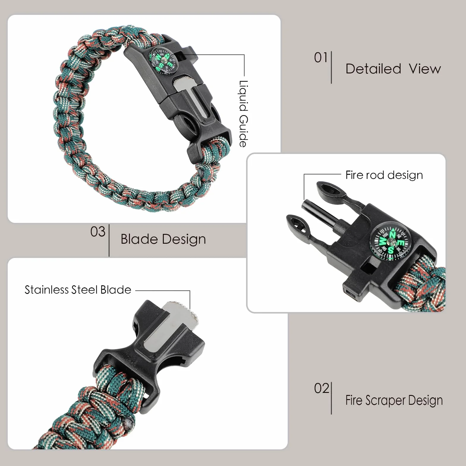 KITDAHOM 6 sztuk bransoletek survivalowych – 5 w 1 bransoletka outdoorowa 26 cm x 2,5 cm – paracord – z krzesiwem, gwizdkiem, kompasem, skrobakiem, liną – na wędrówki, kemping, sytuacje awaryjne