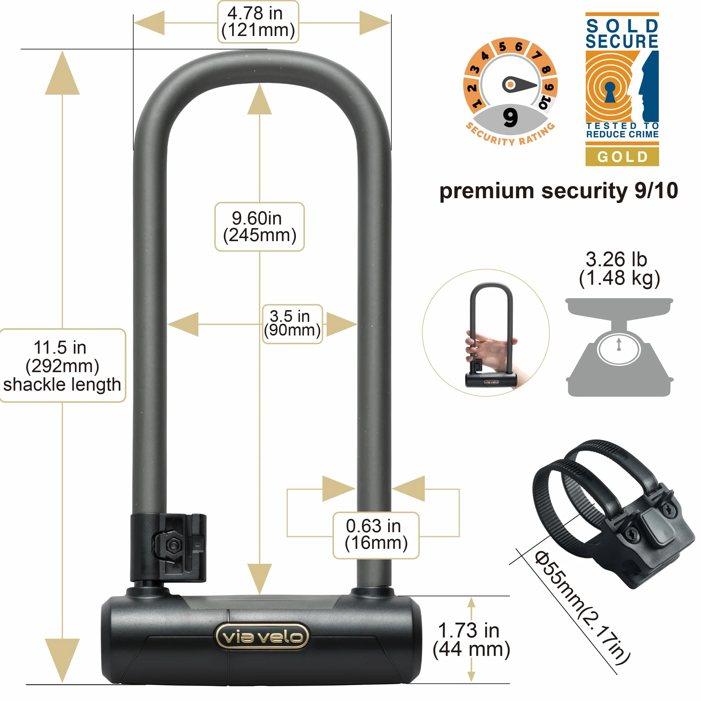 Via Velo U-lock zapięcie rowerowe stalowy pałąk Ø 16 mm