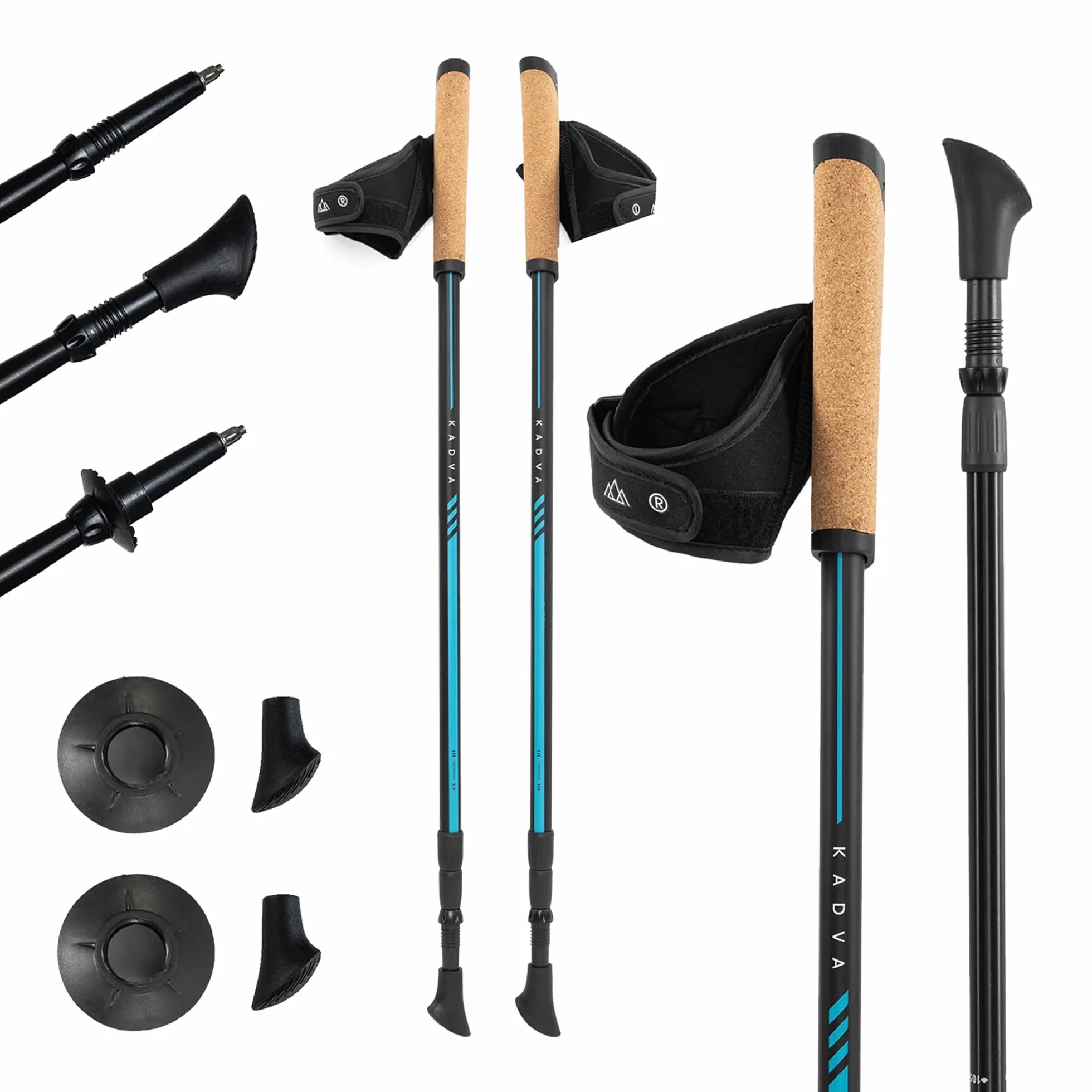 KADVA Kije Nordic Walking Luna niebieskie, regulowany rozmiar 69-135 cm, system zamykania obrotowego dla bezpiecznej i łatwej zmiany długości, uchwyt z wytrzymałego polipropylenu (PP) i korka