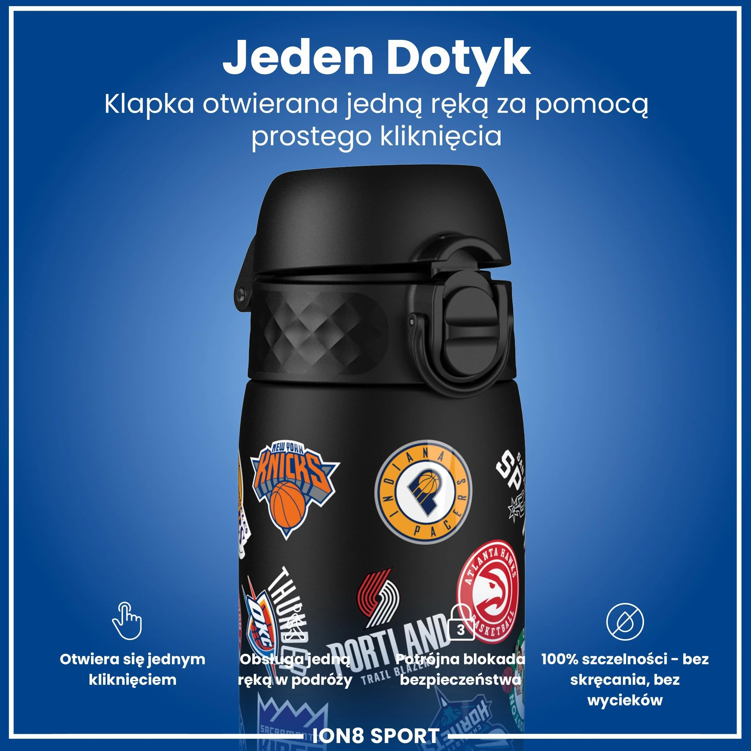 NBA Wiele Zespołów Butelka na Wodę, 500 ml/18 oz, Szczelna, Łatwe Otwieranie, Bezpieczny Zamek, Można Myć w Zmywarce, Bez BPA, Higieniczne Pokrycie, Uchwyt do Przenoszenia, Łatwa Czyszczenie
