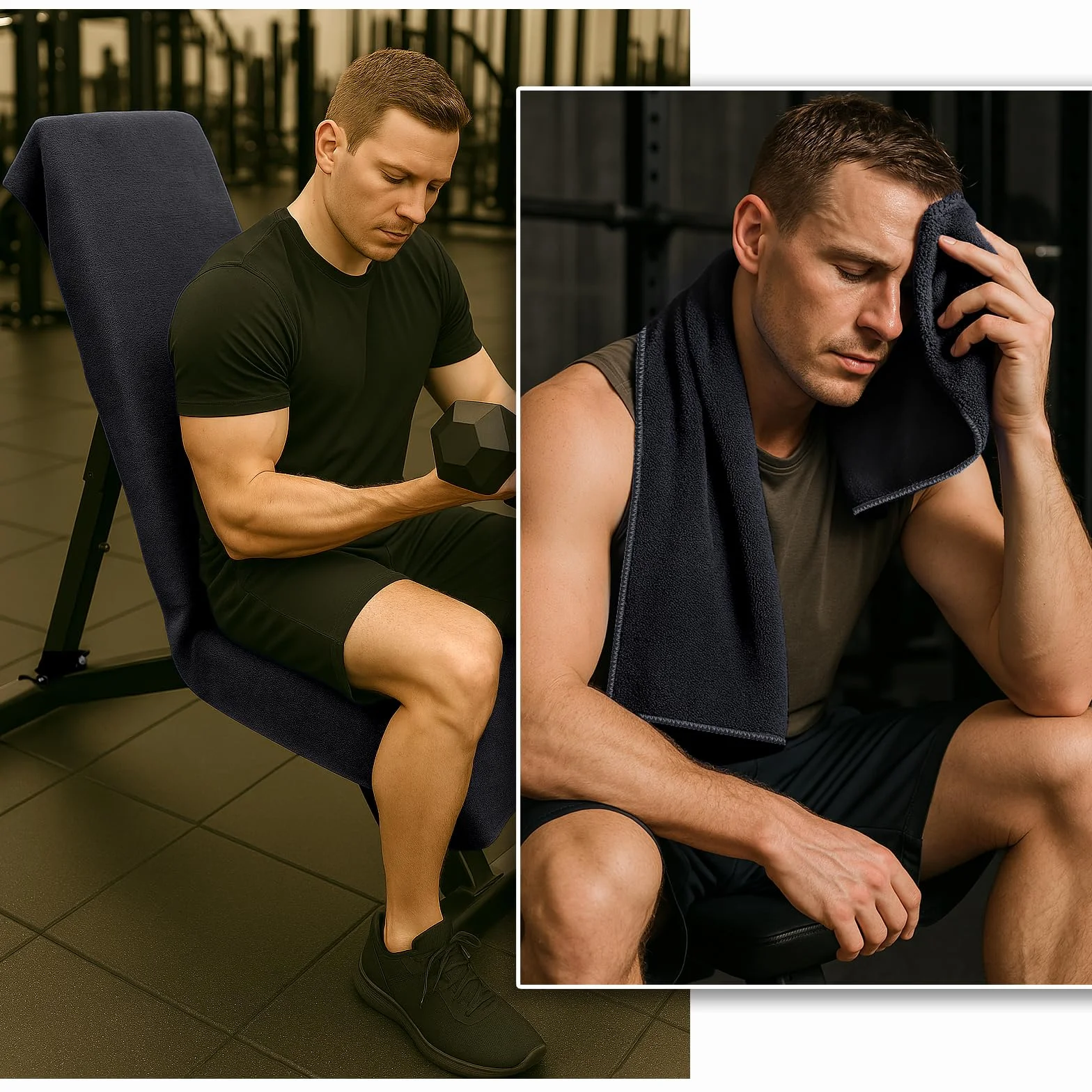 Zestaw 2 ręczników fitness, 120 x 50 cm, ręcznik sportowy z kieszenią na zamek błyskawiczny + 80 x 40 cm, mały ręcznik z mikrofibry do jogi, treningu, sportu, na zewnątrz (czarny)