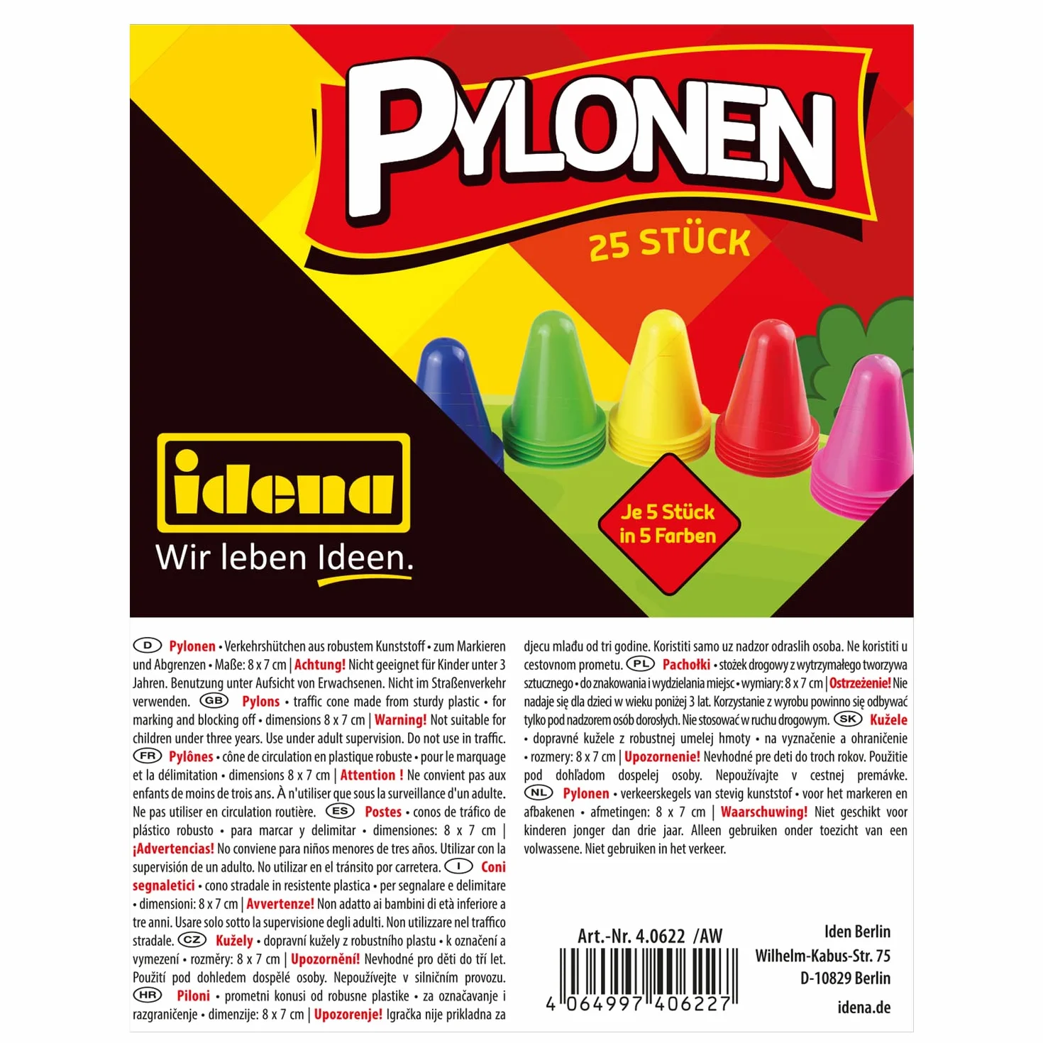 Idena 40622-25 pylonów, plastikowe pachołki ostrzegawcze w różnych kolorach, ok. 8 cm wysokości, możliwość układania w stosy, pachołki drogowe do sportu, rekreacji, slalomu, piłki nożnej i klubów