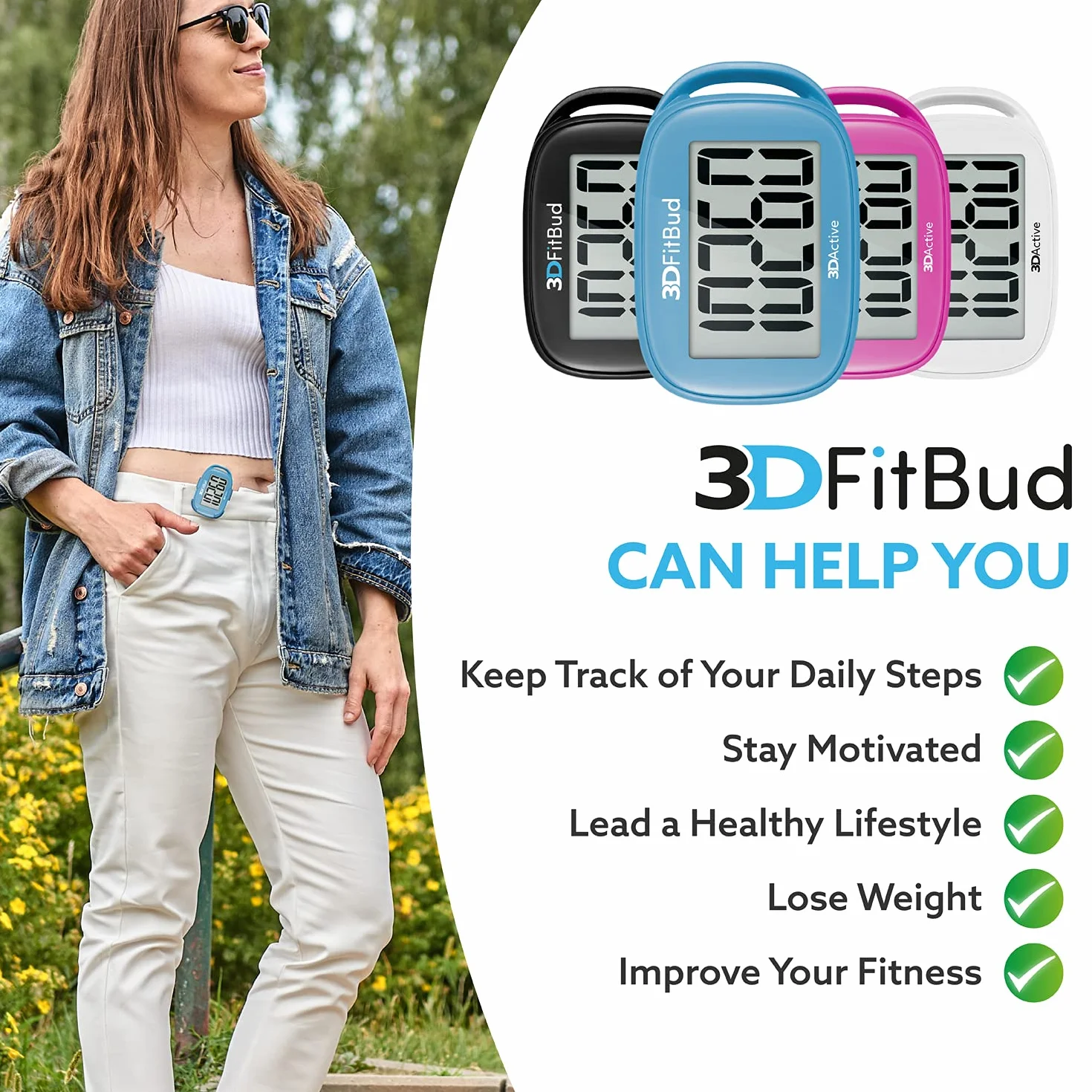 3DActive 3DFitBud Prosty krokomierz 3D z klipsem i smyczą, licznik kroków, duży wyświetlacz, łatwy w użyciu dla dzieci, dorosłych i seniorów, do śledzenia aktywności fizycznej A420S - Niebieski