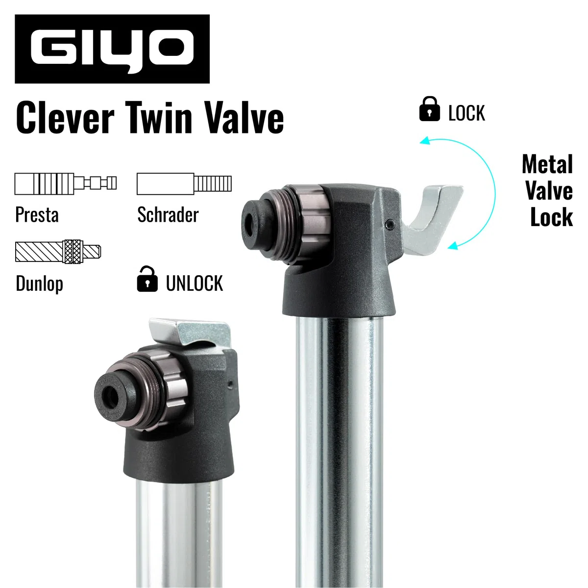 GIYO GM-45CT Mini pompka rowerowa, 2-stopniowa o dużej objętości (80cc) / wysokociśnieniowa aluminiowa pompka (7 bar) do rowerów górskich, sprytny podwójny wentyl (Presta/Schrader/Dunlop), wielkości