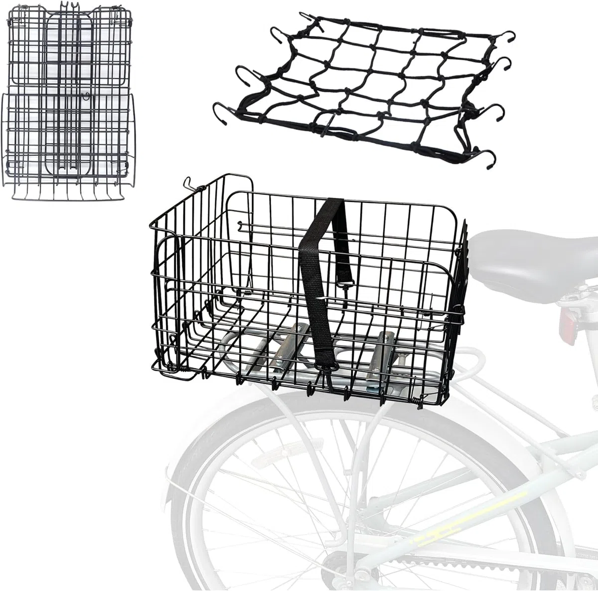 MEGHNA Składany kosz rowerowy z tyłu, stabilny kosz rowerowy, metalowy kosz na bagażnik rowerowy, otwierany