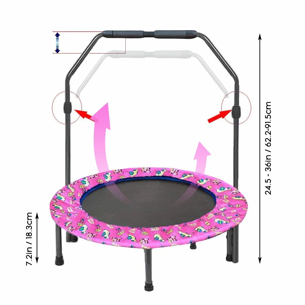 Mini trampolina dla dzieci z regulowanym uchwytem składana różowa