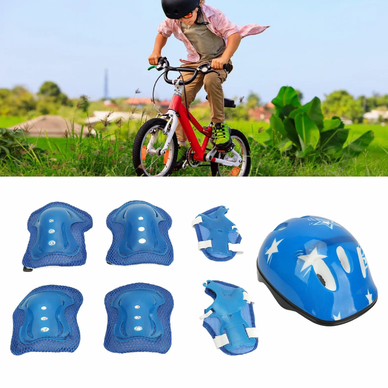 Zestaw Kasku Rowerowego dla Dzieci, Regulowana Komfort Miękka Podszewka Pełna Ochrona Zestaw Ochrony dla Dzieci na Sporty na świeżym Powietrzu (BLUE)
