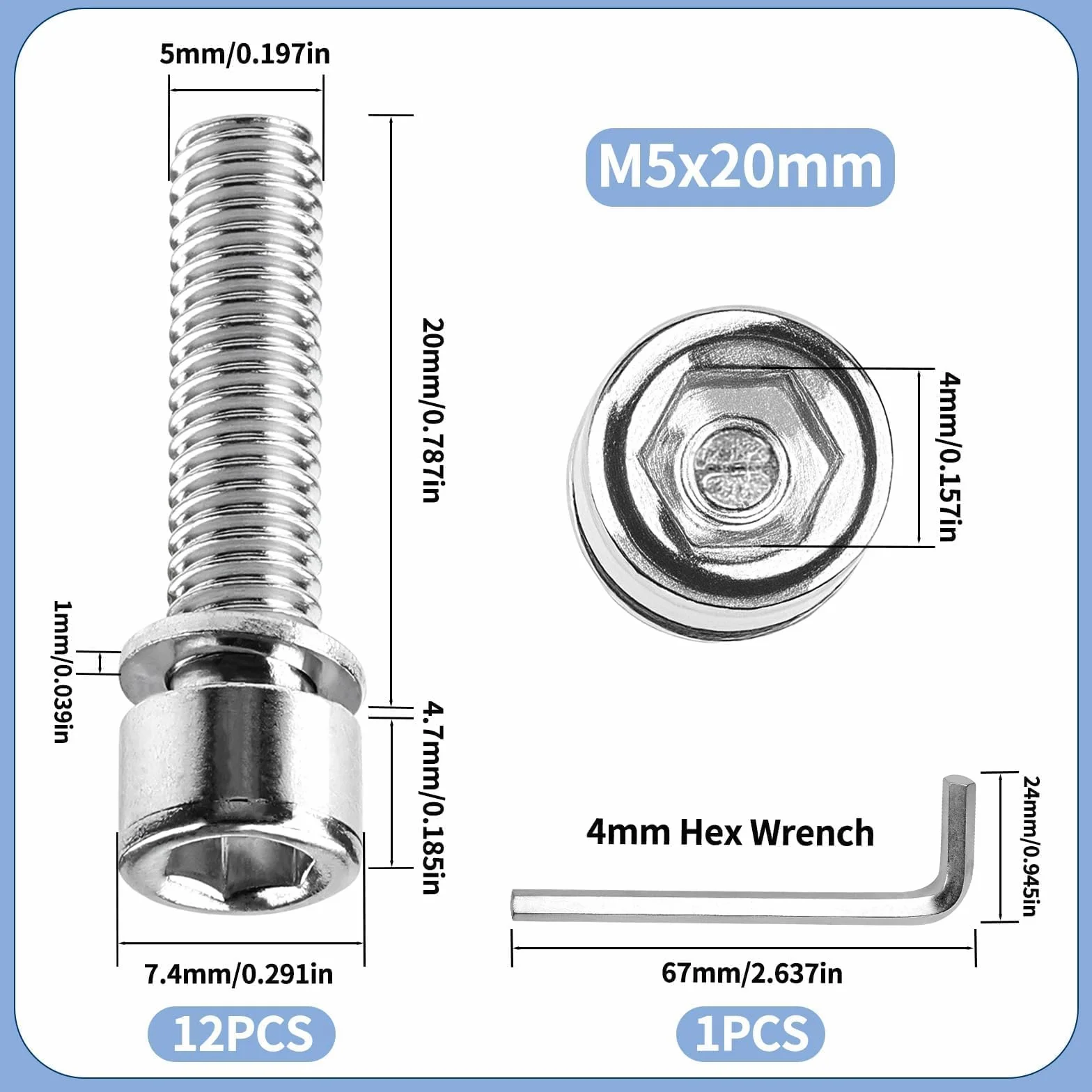 Zestaw 12 śrub M5x20mm ze stali nierdzewnej 304 klucz imbusowy 4 mm, rower szosowy, motocykl (srebrny)