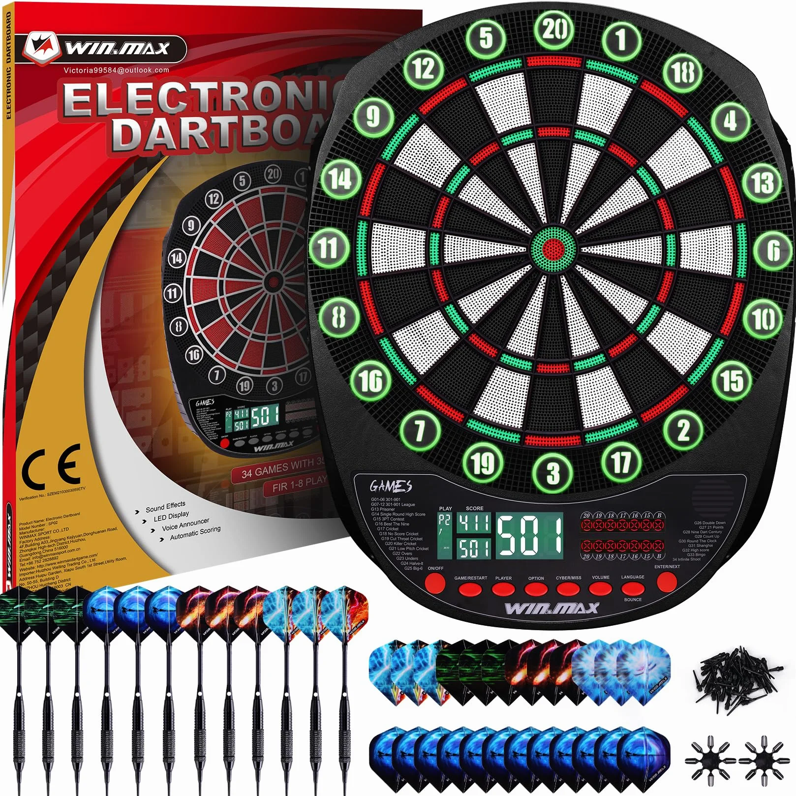 WIN.MAX Elektroniczna tarcza do darta, zestaw 34 gier, 3 języki, zielony i czerwony