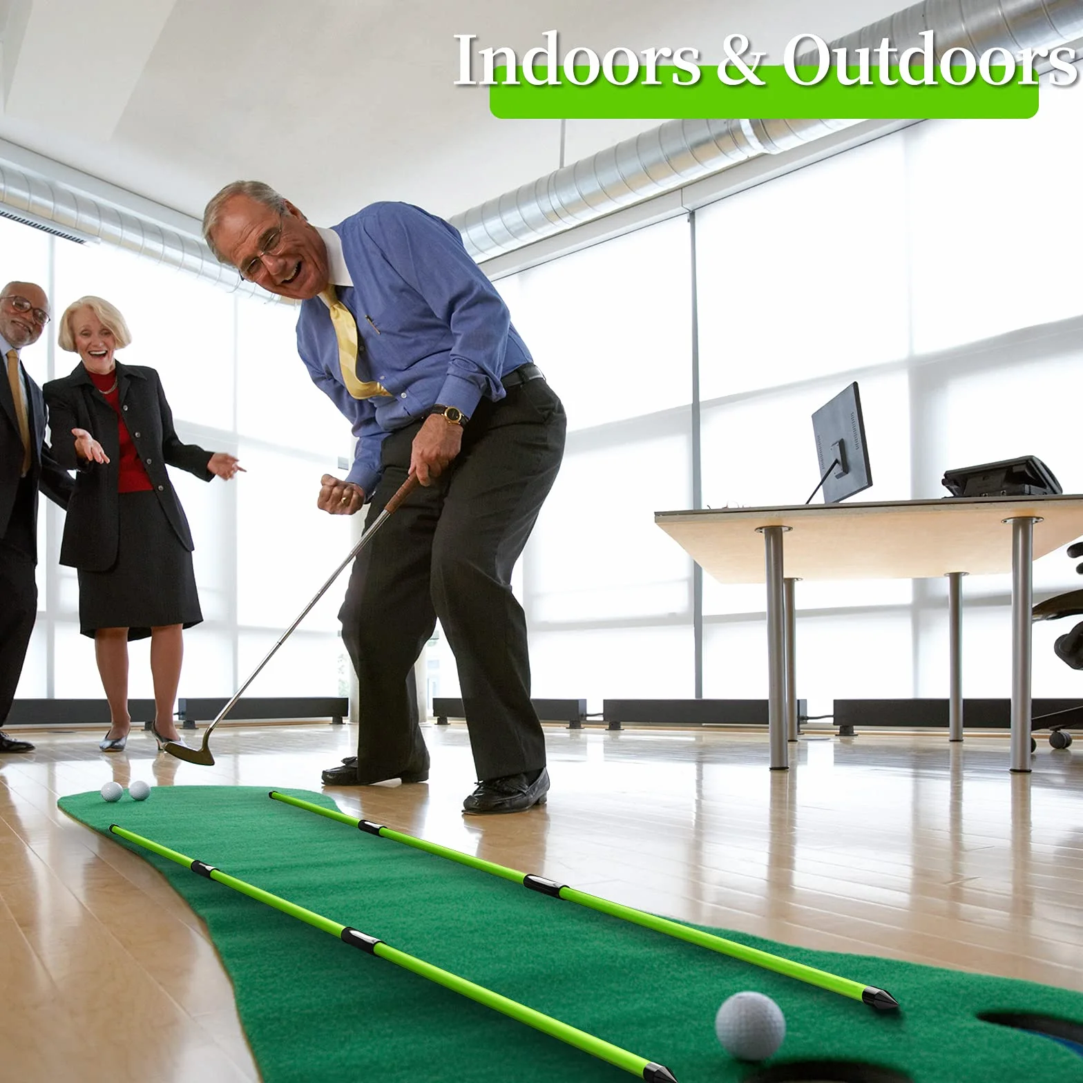 MoKo Kij golfowy do wyrównywania, 3 zestawy, składany, pomoc do celowania, puttingu, korektor postawy, kije do ćwiczeń golfowych w przezroczystym etui, zielony