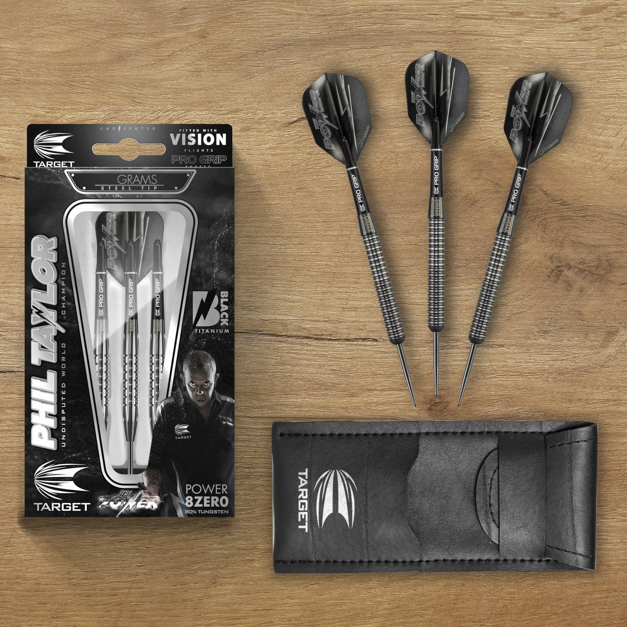 Target Darts Phil Taylor Power 8-Zero 1 Black Steel Tip Darts, 80% Tungsten Dart Set, P8Z1, 21G/23G/25G | Player Edition Darts with Fixed Points | Black Darts Case Included