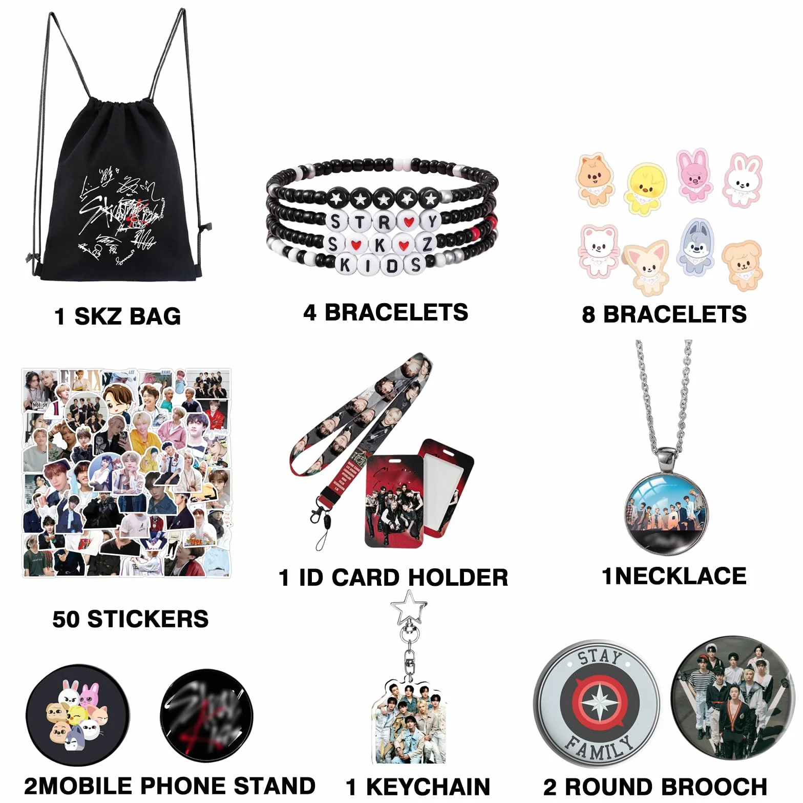 SKids Zestaw Prezentowy Kpop dla Fanów, Torba Sportowa STAY, Bransoletki, Broszki, Breloczek, Etui