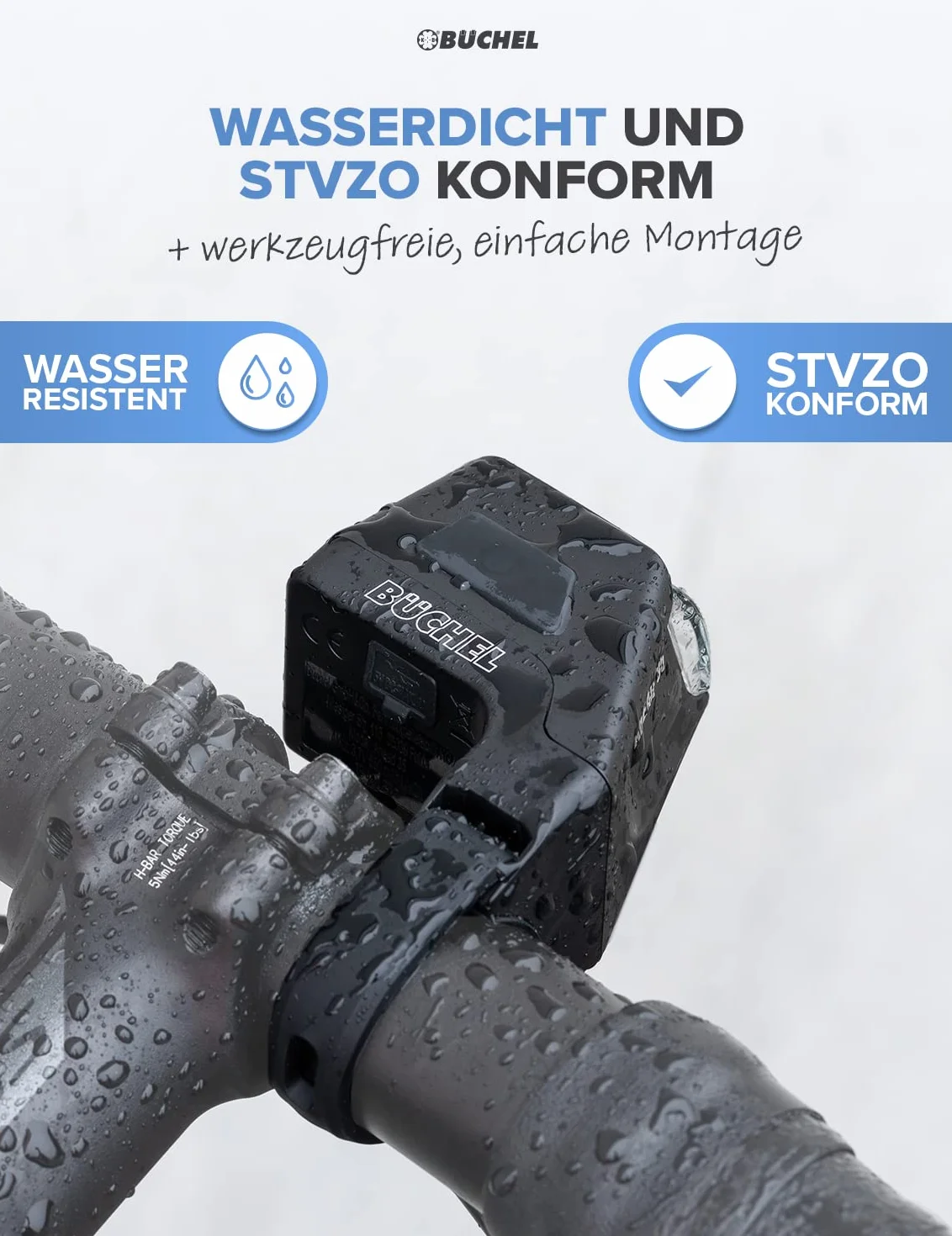 Büchel Ahead zestaw świateł rowerowych, 35/15 luksów, na środku kierownicy, dopuszczone do ponownego ładowania, światło rowerowe LED, przednie + tylne światło, czarne